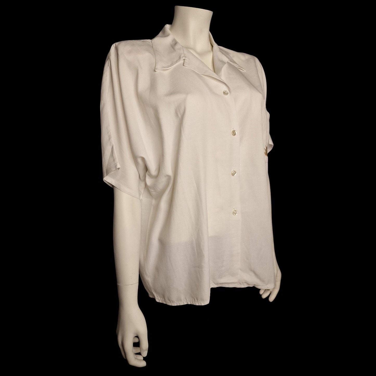 Leichte 80er vintage Sommer Bluse Vogel-Stickerei mit Brusttasche XL