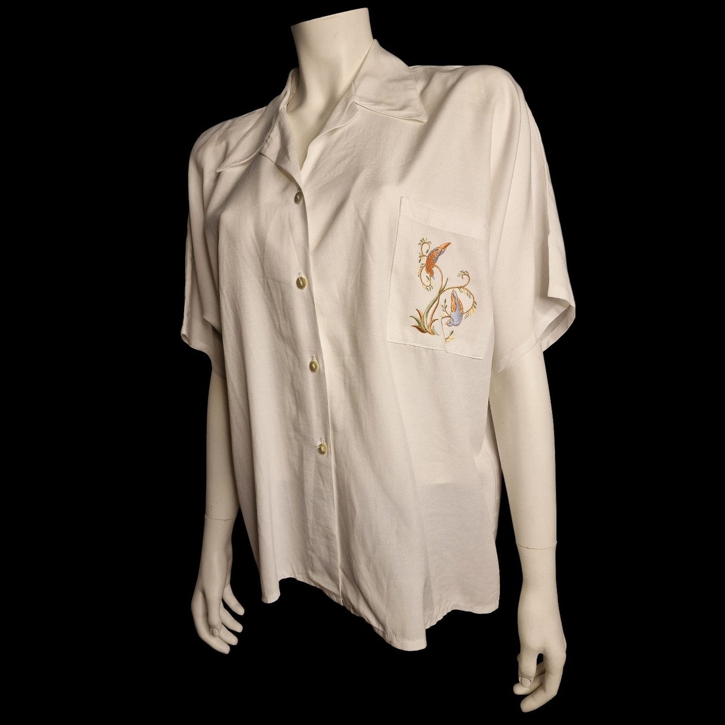 Leichte 80er vintage Sommer Bluse Vogel-Stickerei mit Brusttasche XL