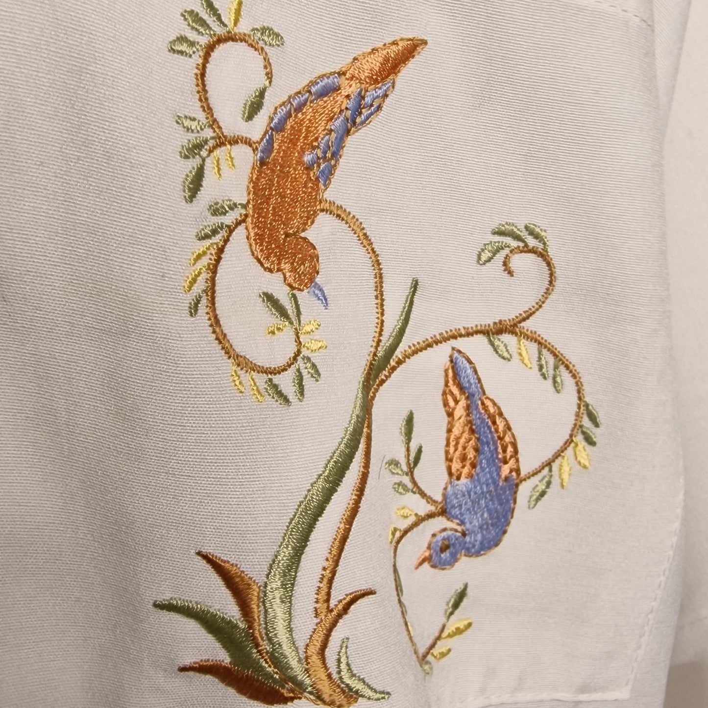 Leichte 80er vintage Sommer Bluse Vogel-Stickerei mit Brusttasche XL