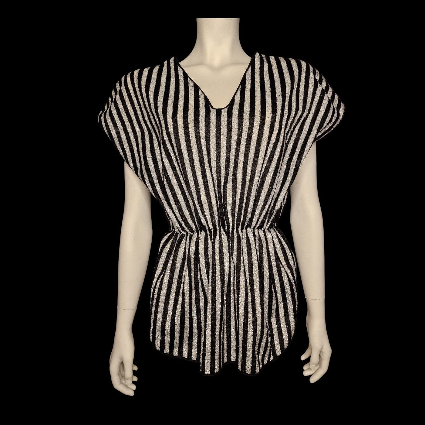 Kultige New Wave 80er Lurex Tunika "Andra" Gr. M in schwarz-silber Flügelärmel