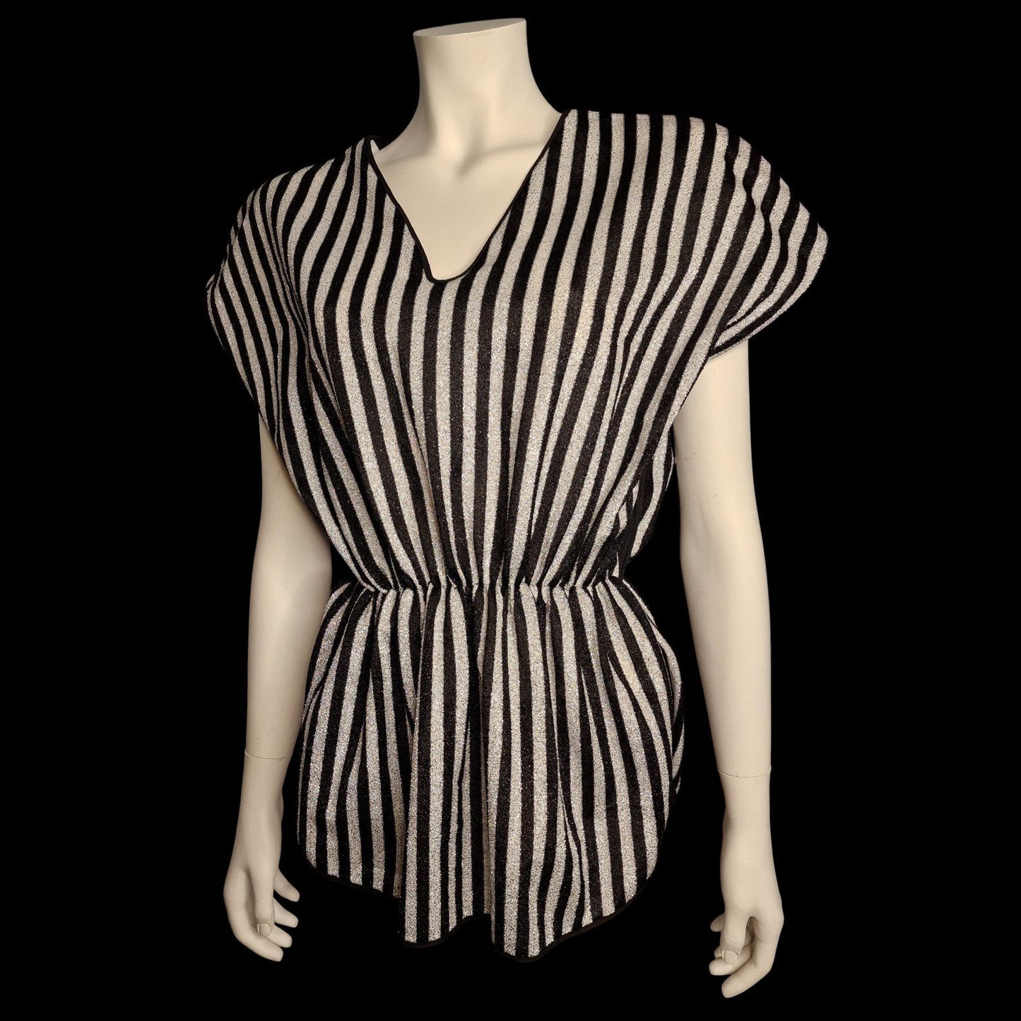 Kultige New Wave 80er Lurex Tunika "Andra" Gr. M in schwarz-silber Flügelärmel