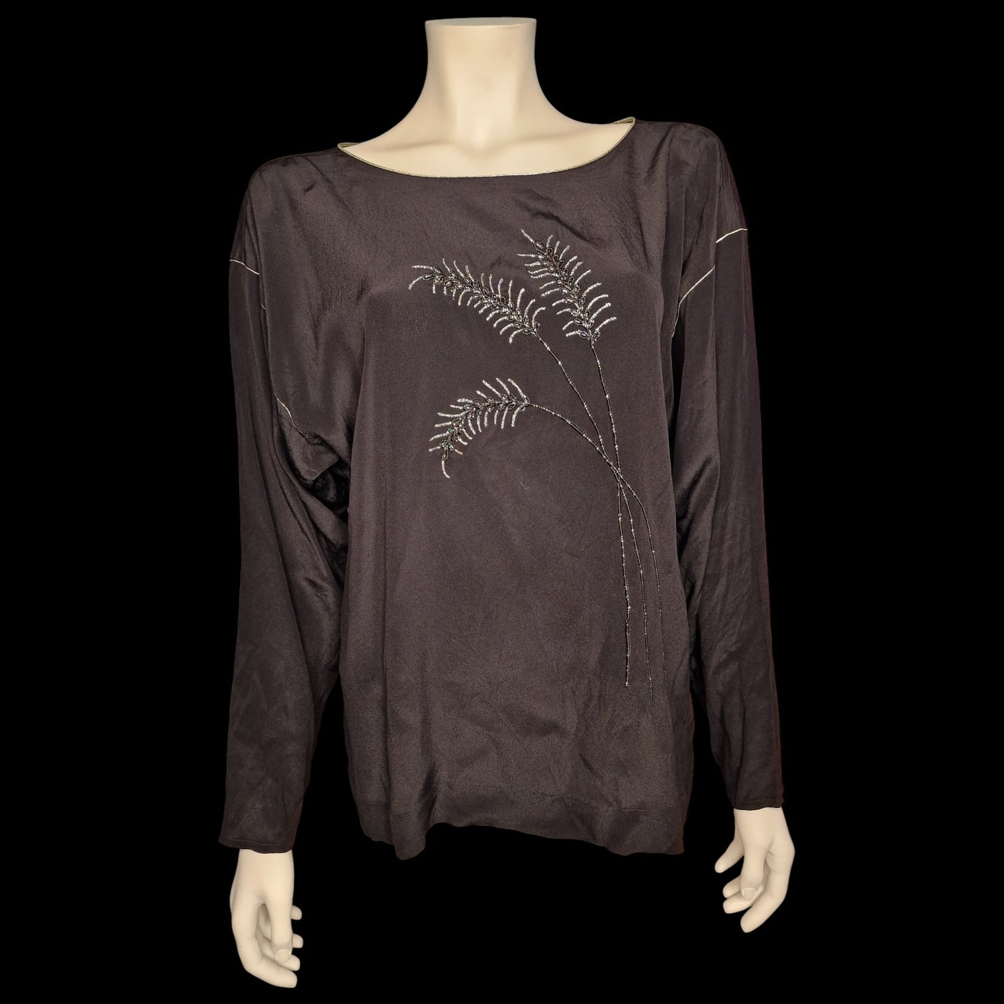 Vintage 80er Seiden-Bluse schwarz mit Farn-Stickerei Silber Gr. M