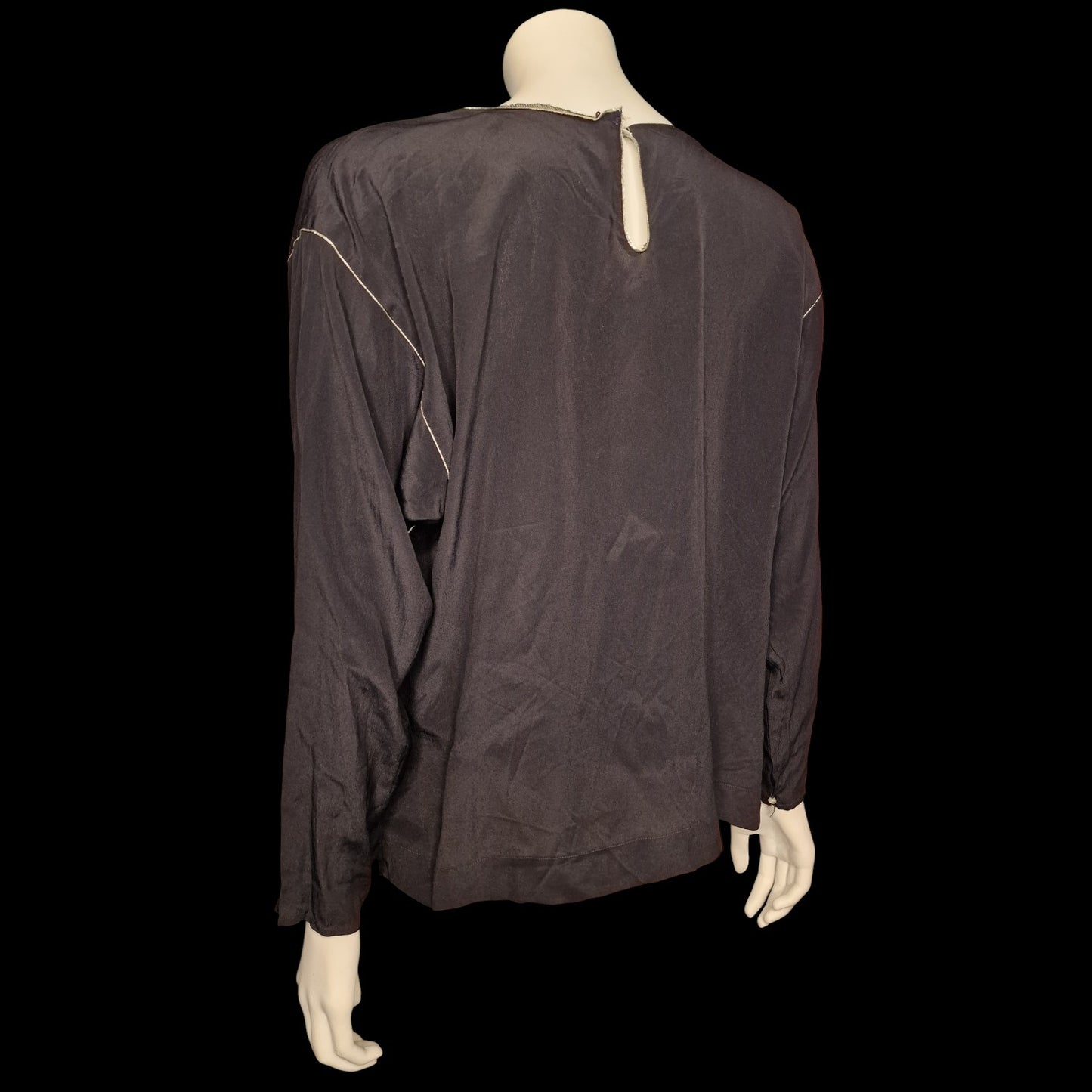 Vintage 80er Seiden-Bluse schwarz mit Farn-Stickerei Silber Gr. M
