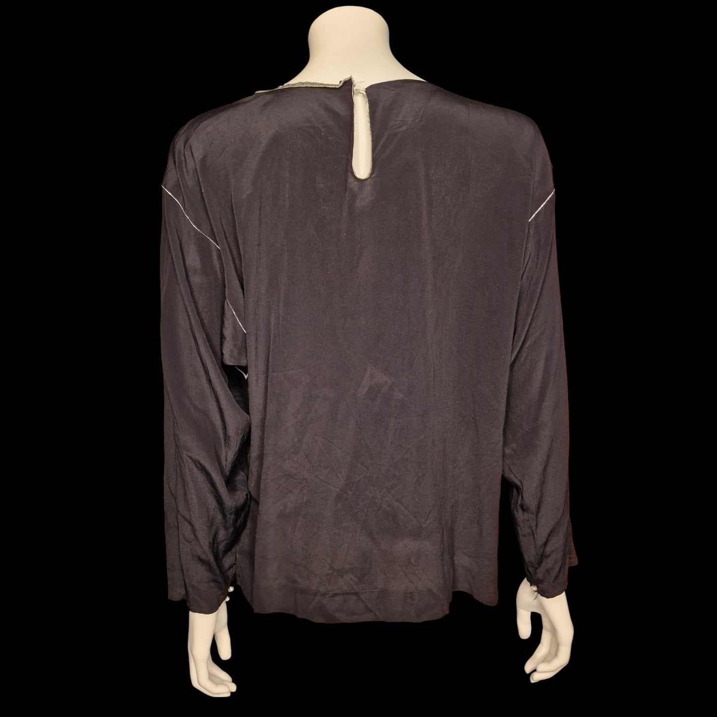 Vintage 80er Seiden-Bluse schwarz mit Farn-Stickerei Silber Gr. M