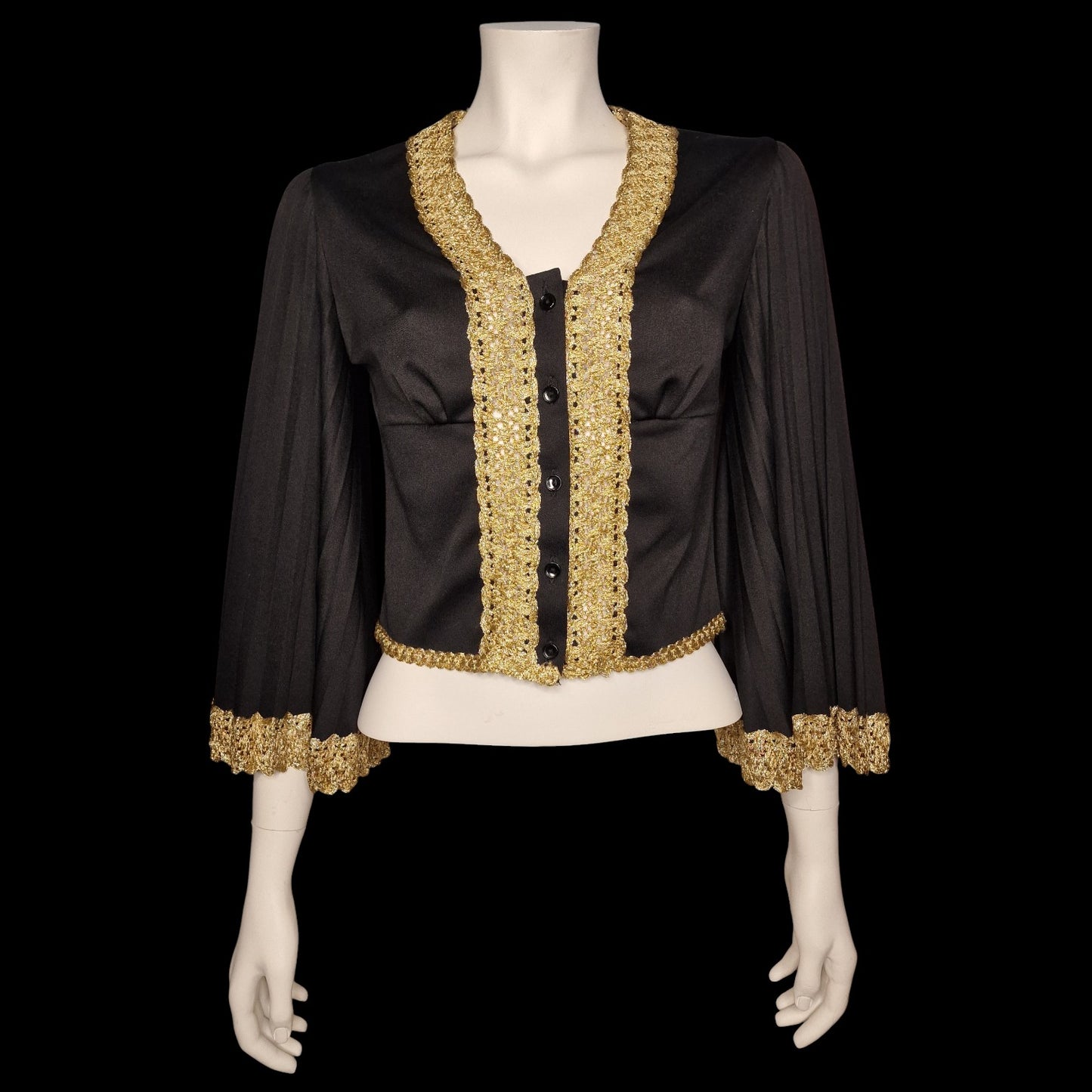 Vintage Lurex barocker Bolero Heilig Schwarz mit Goldborte Glockärmel Gothic M