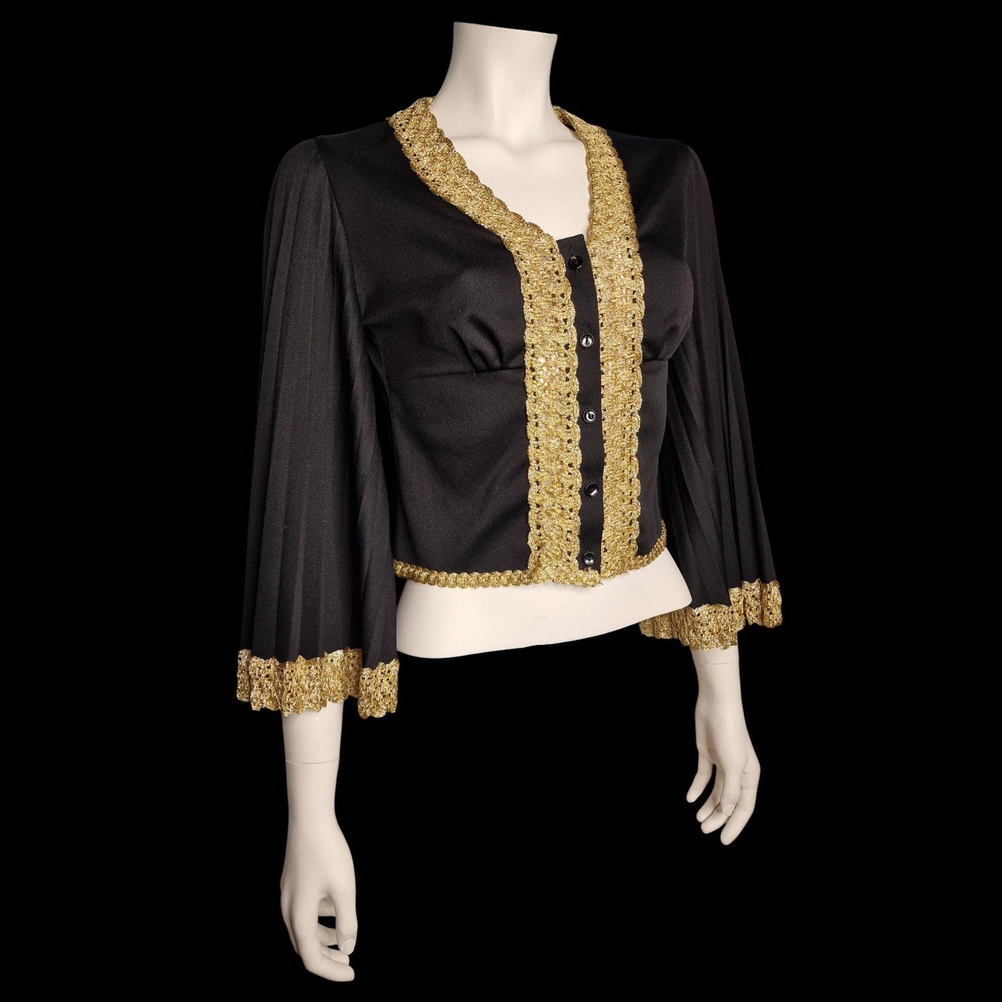 Vintage Lurex barocker Bolero Heilig Schwarz mit Goldborte Glockärmel Gothic M