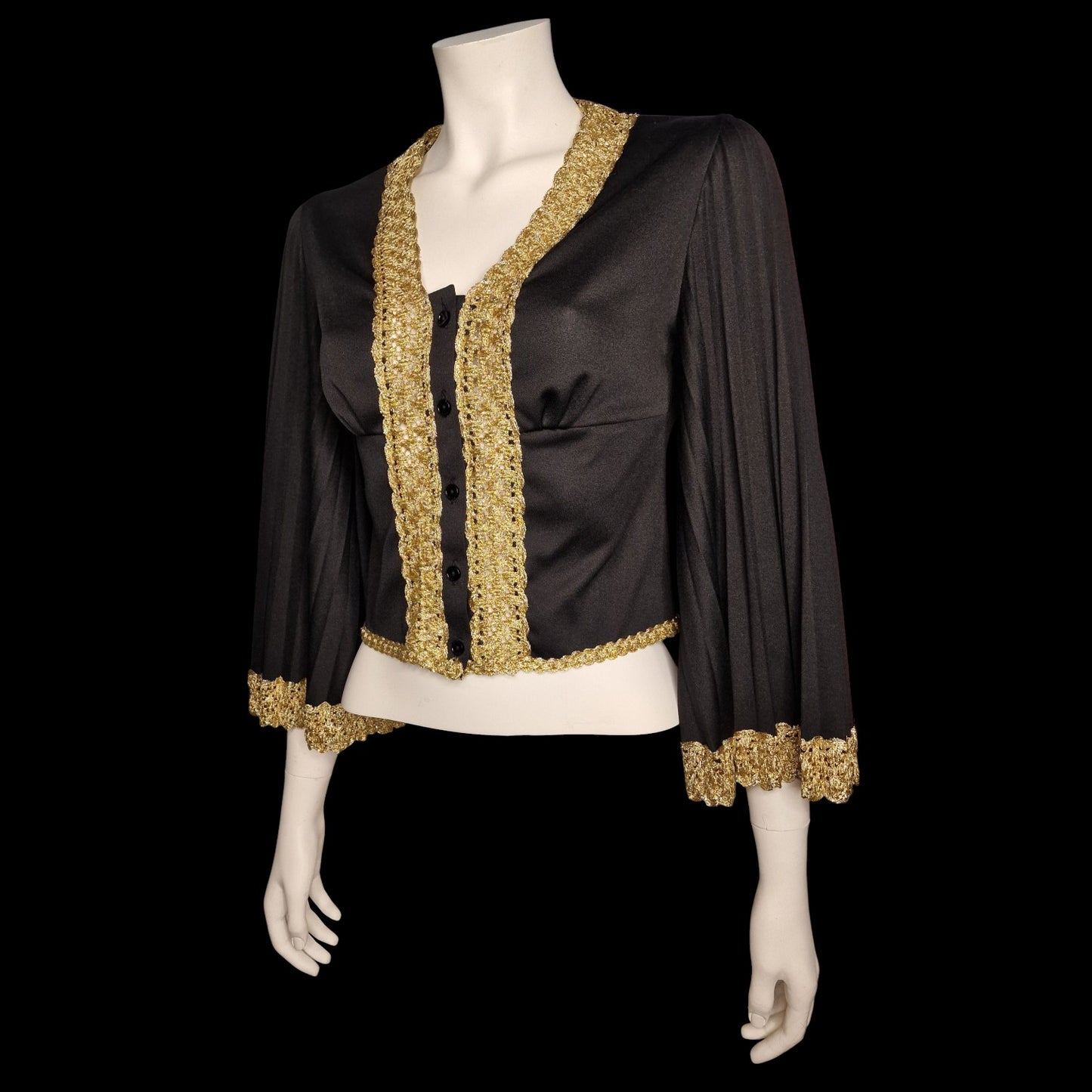 Vintage Lurex barocker Bolero Heilig Schwarz mit Goldborte Glockärmel Gothic M
