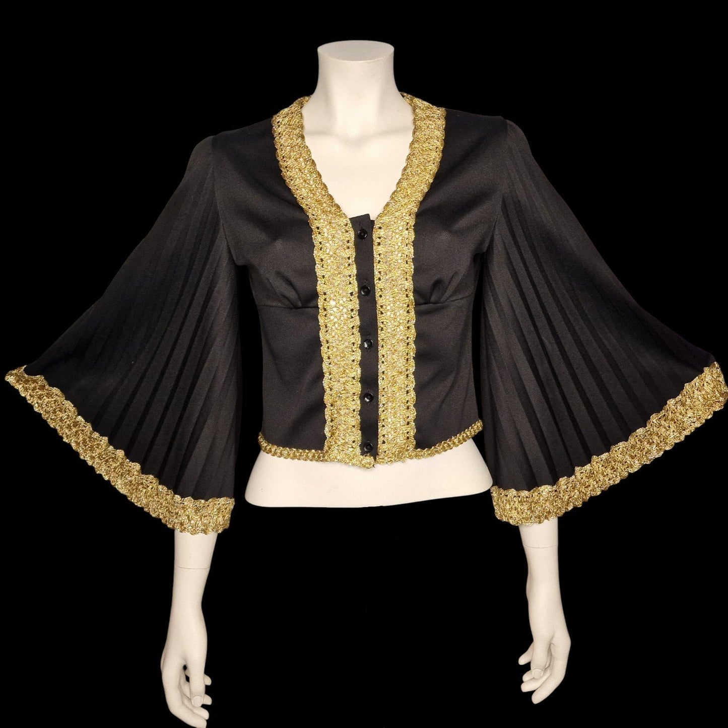 Vintage Lurex barocker Bolero Heilig Schwarz mit Goldborte Glockärmel Gothic M