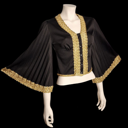 Vintage Lurex barocker Bolero Heilig Schwarz mit Goldborte Glockärmel Gothic M