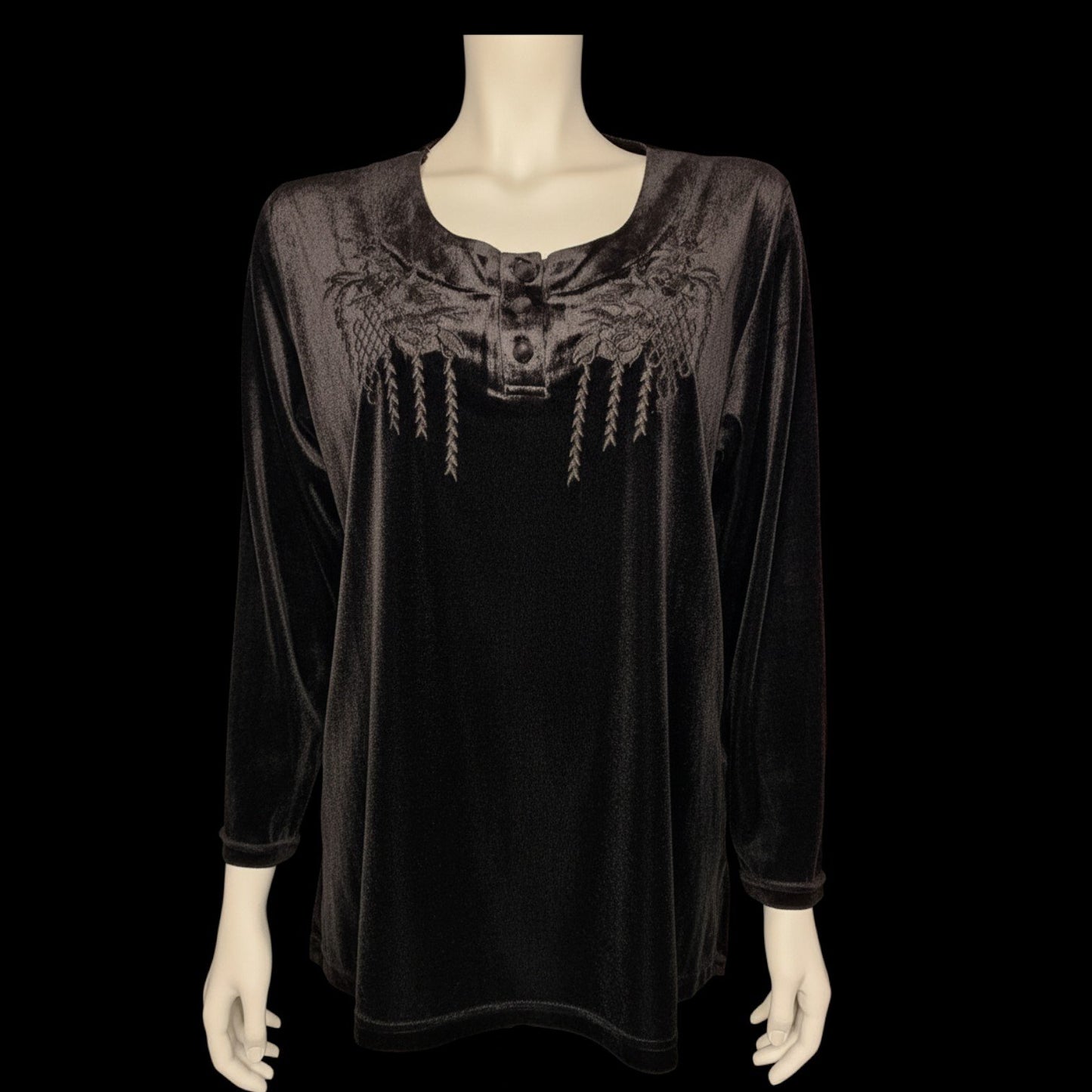 Edles Gothic Vintage-Samt-Oberteil mit floraler Stickerei in schwarz L