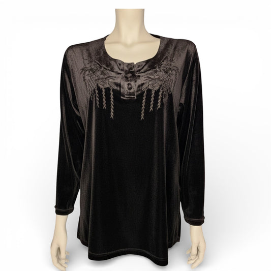 Edles Gothic Vintage-Samt-Oberteil mit floraler Stickerei in schwarz L