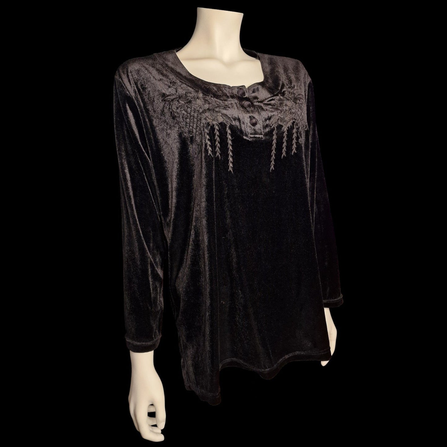 Edles Gothic Vintage-Samt-Oberteil mit floraler Stickerei in schwarz L