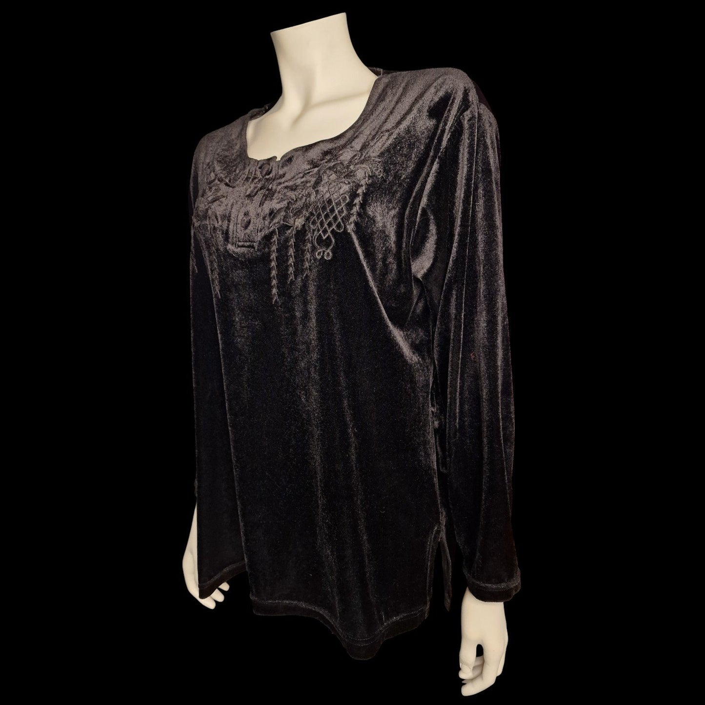 Edles Gothic Vintage-Samt-Oberteil mit floraler Stickerei in schwarz L