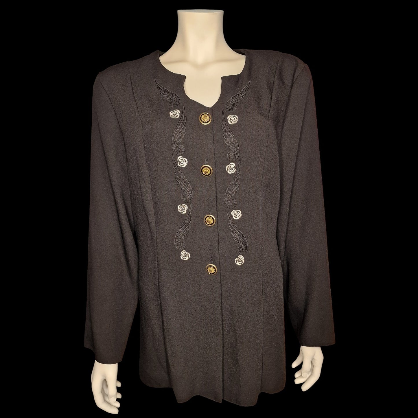 Vintage Blazer-Tunika mit Stickerei und Zierknöpfen 80s/90s in schwarz L