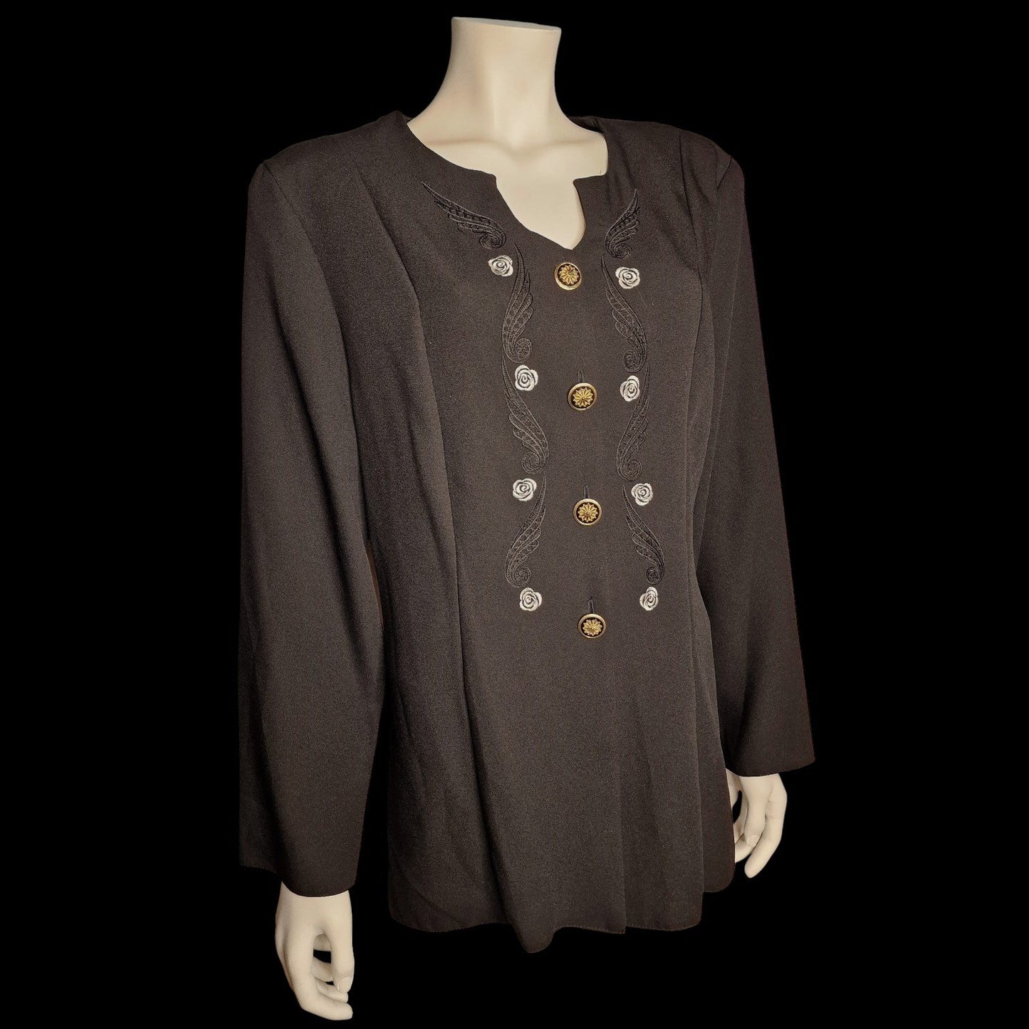 Vintage Blazer-Tunika mit Stickerei und Zierknöpfen 80s/90s in schwarz L