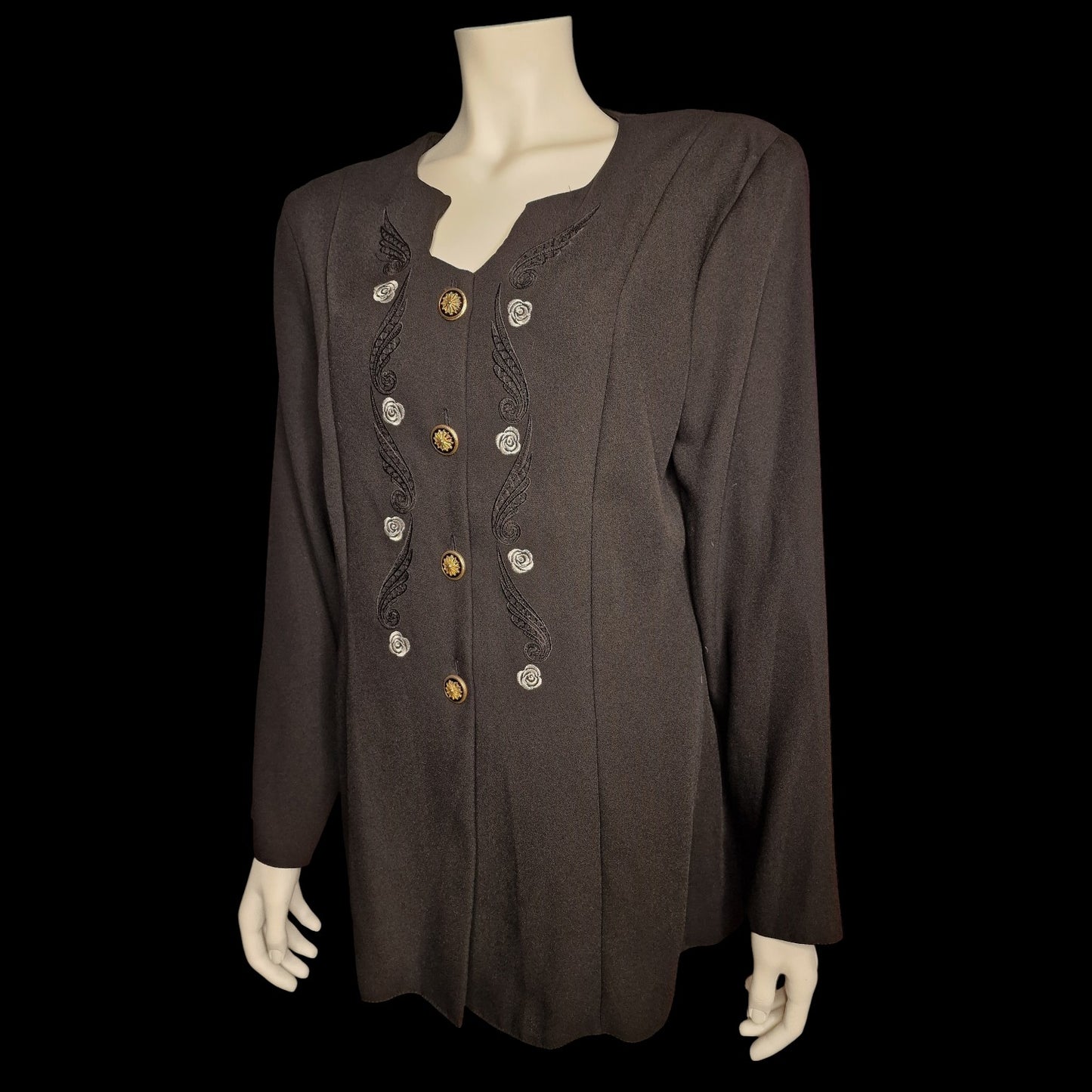 Vintage Blazer-Tunika mit Stickerei und Zierknöpfen 80s/90s in schwarz L
