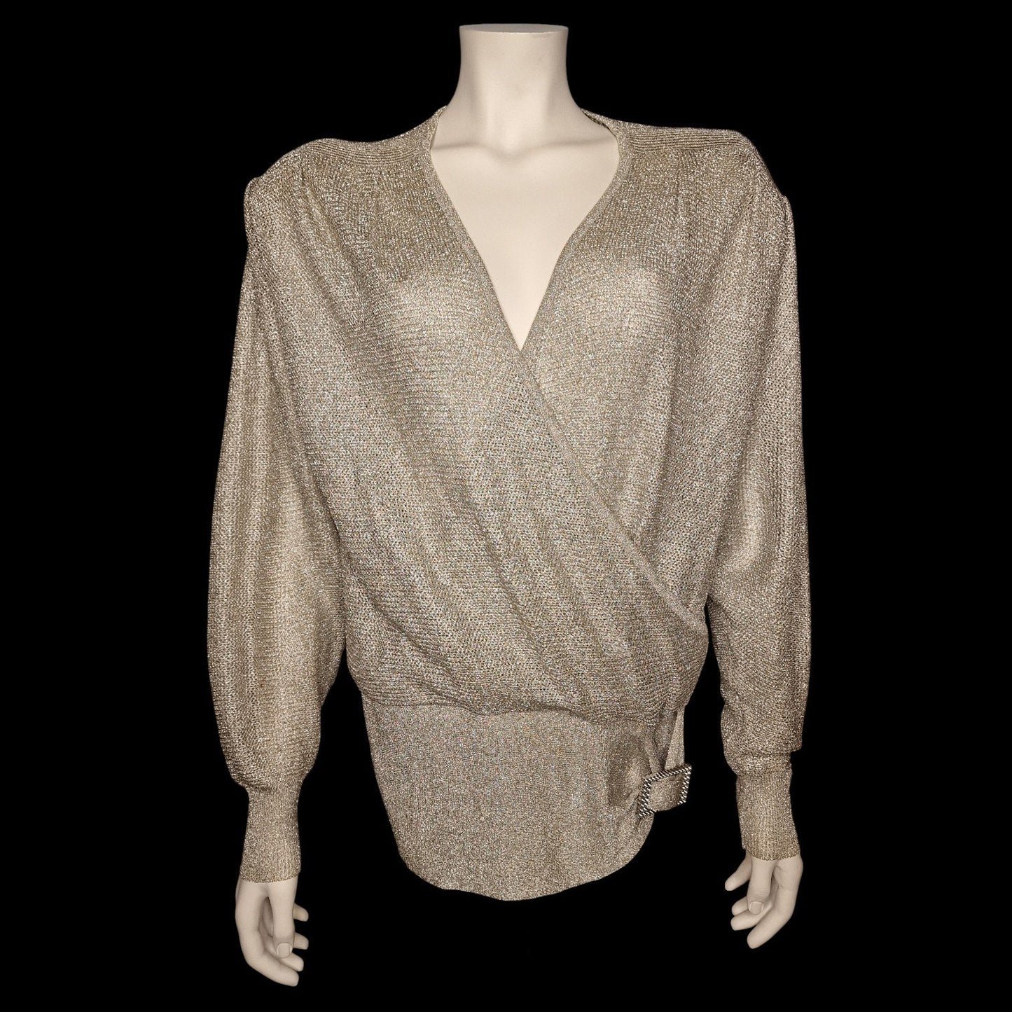 True Vintage 70er Lurex-Pullover  Bluse "Junior Miss" mit Wickeloptik M in silber