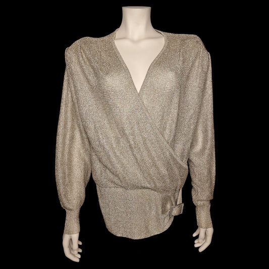 True Vintage 70er Lurex-Pullover  Bluse "Junior Miss" mit Wickeloptik M in silber