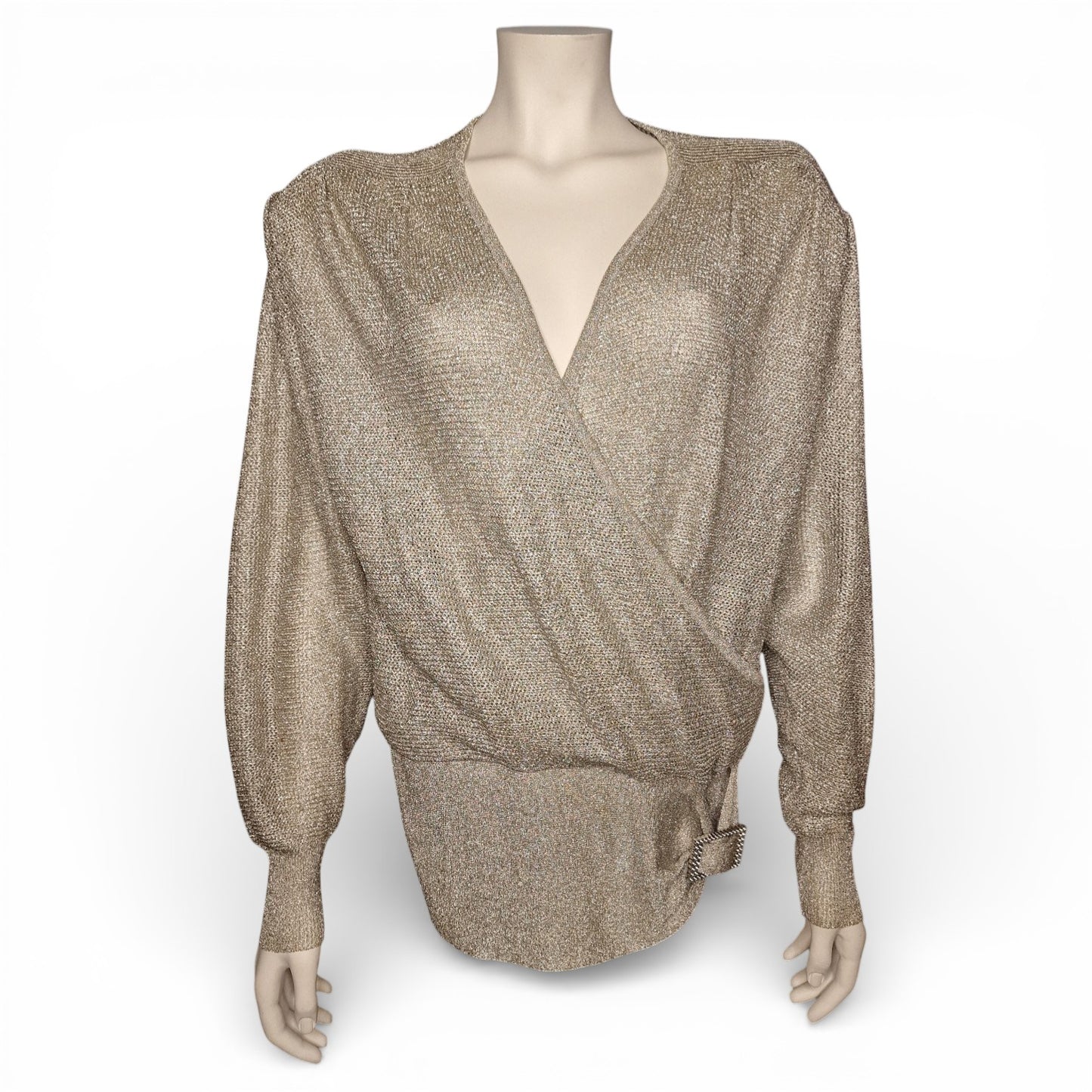 True Vintage 70er Lurex-Pullover  Bluse "Junior Miss" mit Wickeloptik M in silber