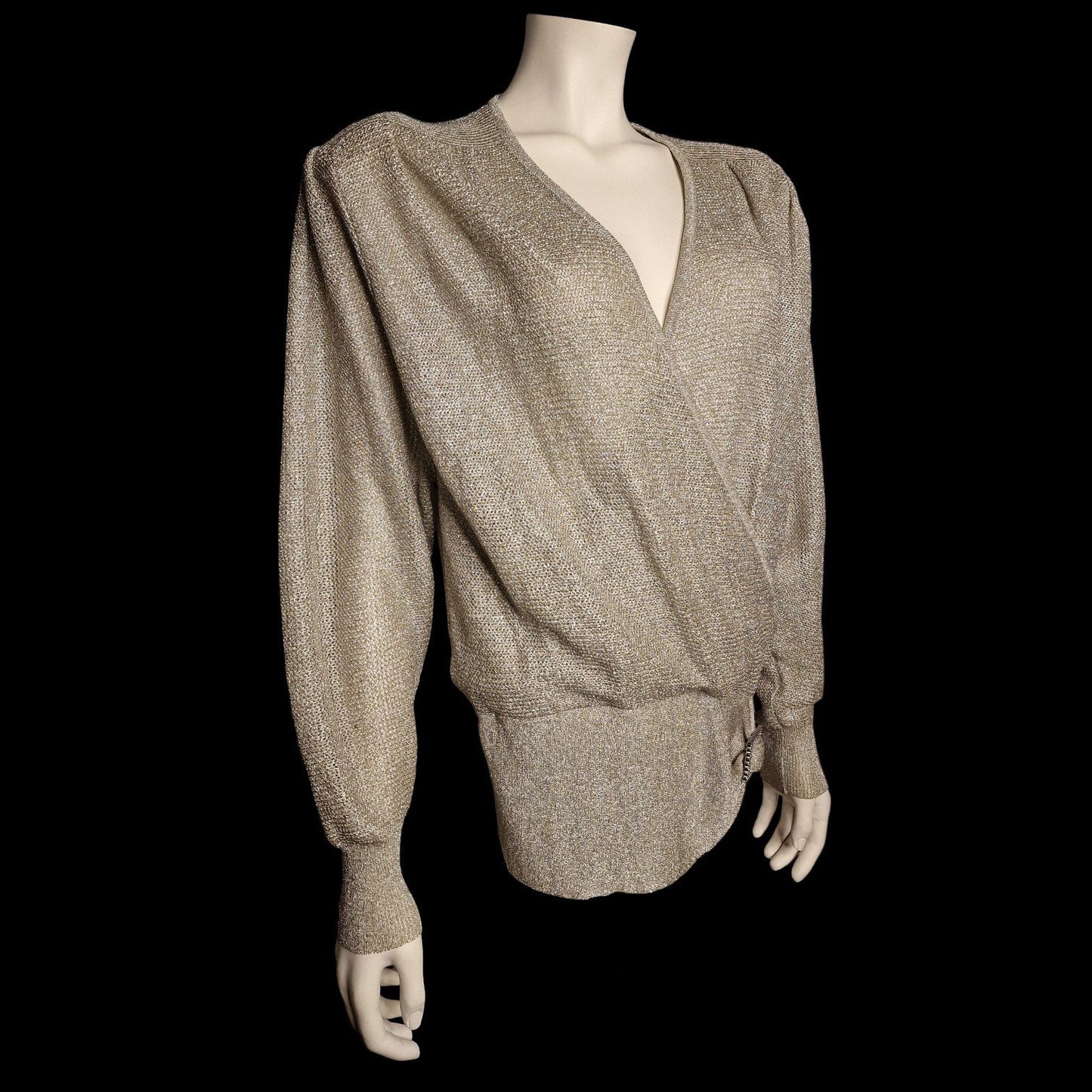 True Vintage 70er Lurex-Pullover  Bluse "Junior Miss" mit Wickeloptik M in silber