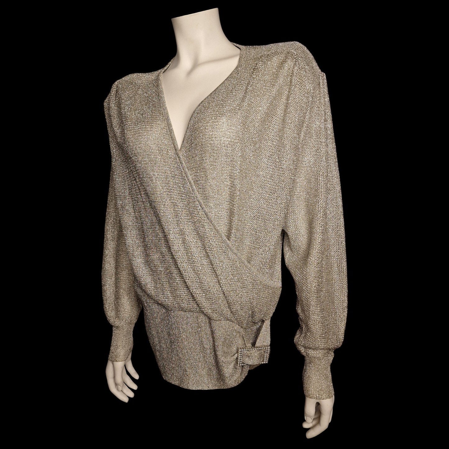 True Vintage 70er Lurex-Pullover  Bluse "Junior Miss" mit Wickeloptik M in silber