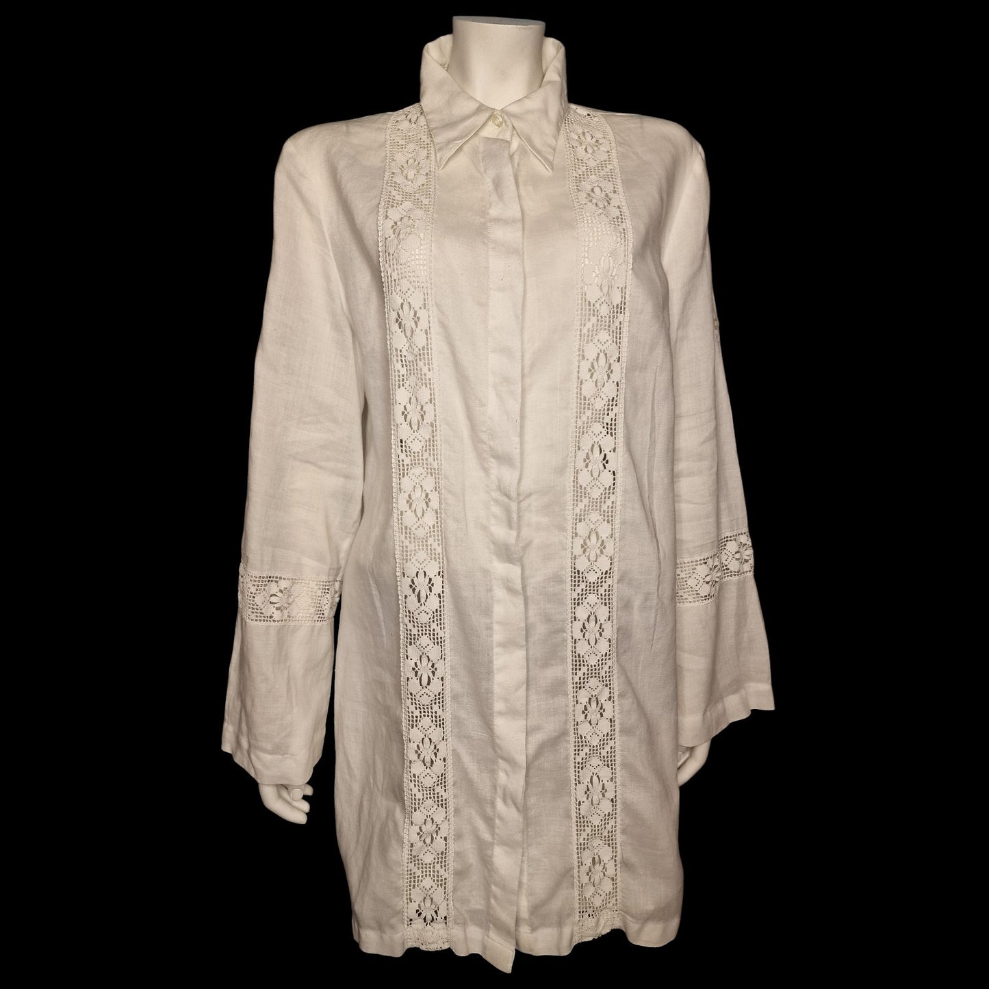 🌿 Leinen-Longshirt mit romantischen Spitzen-Einsätzen Gr. L 100 % Leinen🌿