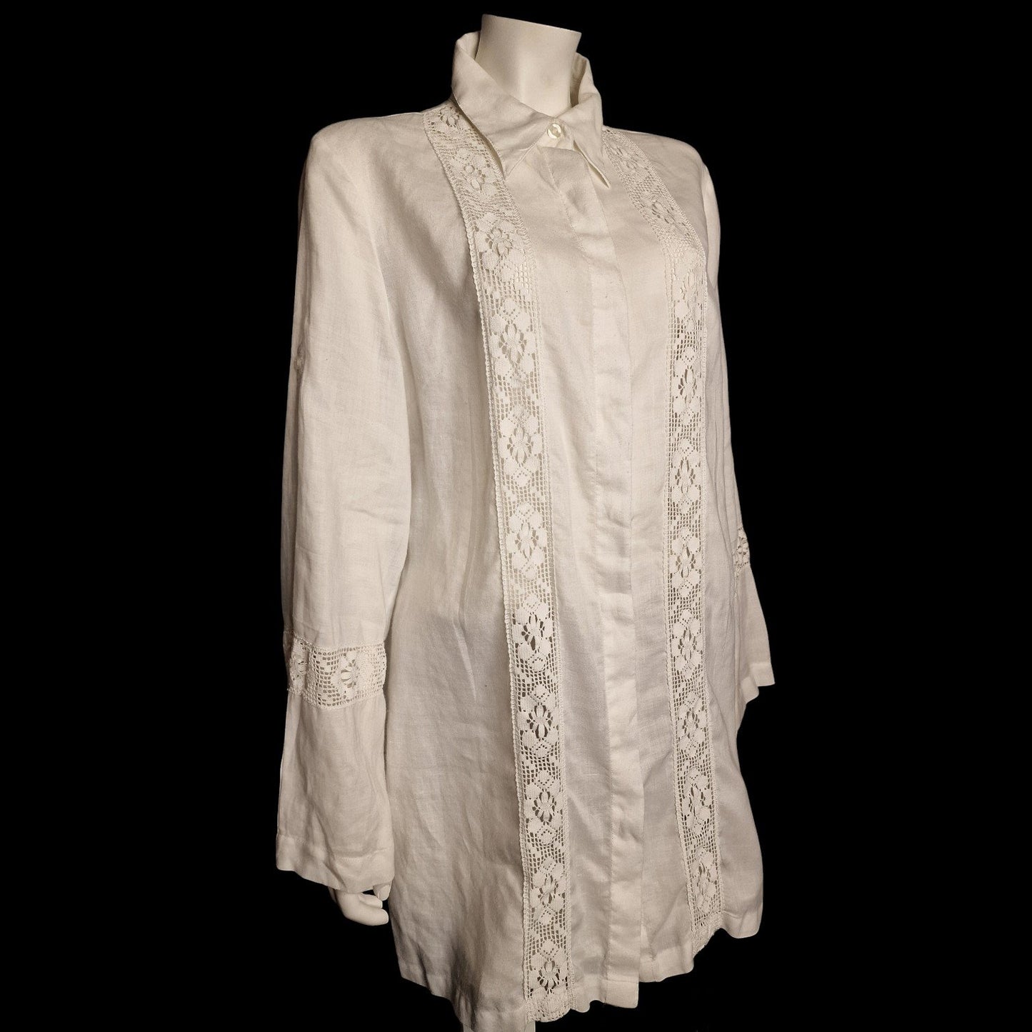 🌿 Leinen-Longshirt mit romantischen Spitzen-Einsätzen Gr. L 100 % Leinen🌿