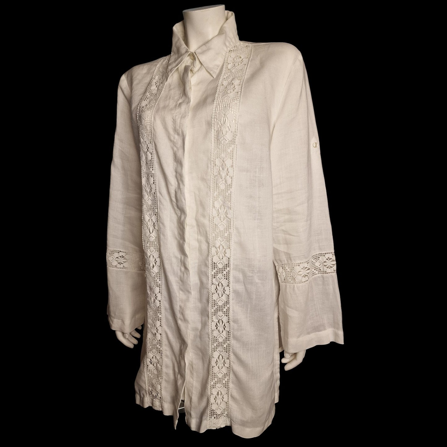 🌿 Leinen-Longshirt mit romantischen Spitzen-Einsätzen Gr. L 100 % Leinen🌿