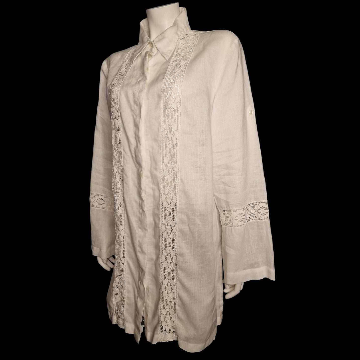 🌿 Leinen-Longshirt mit romantischen Spitzen-Einsätzen Gr. L 100 % Leinen🌿