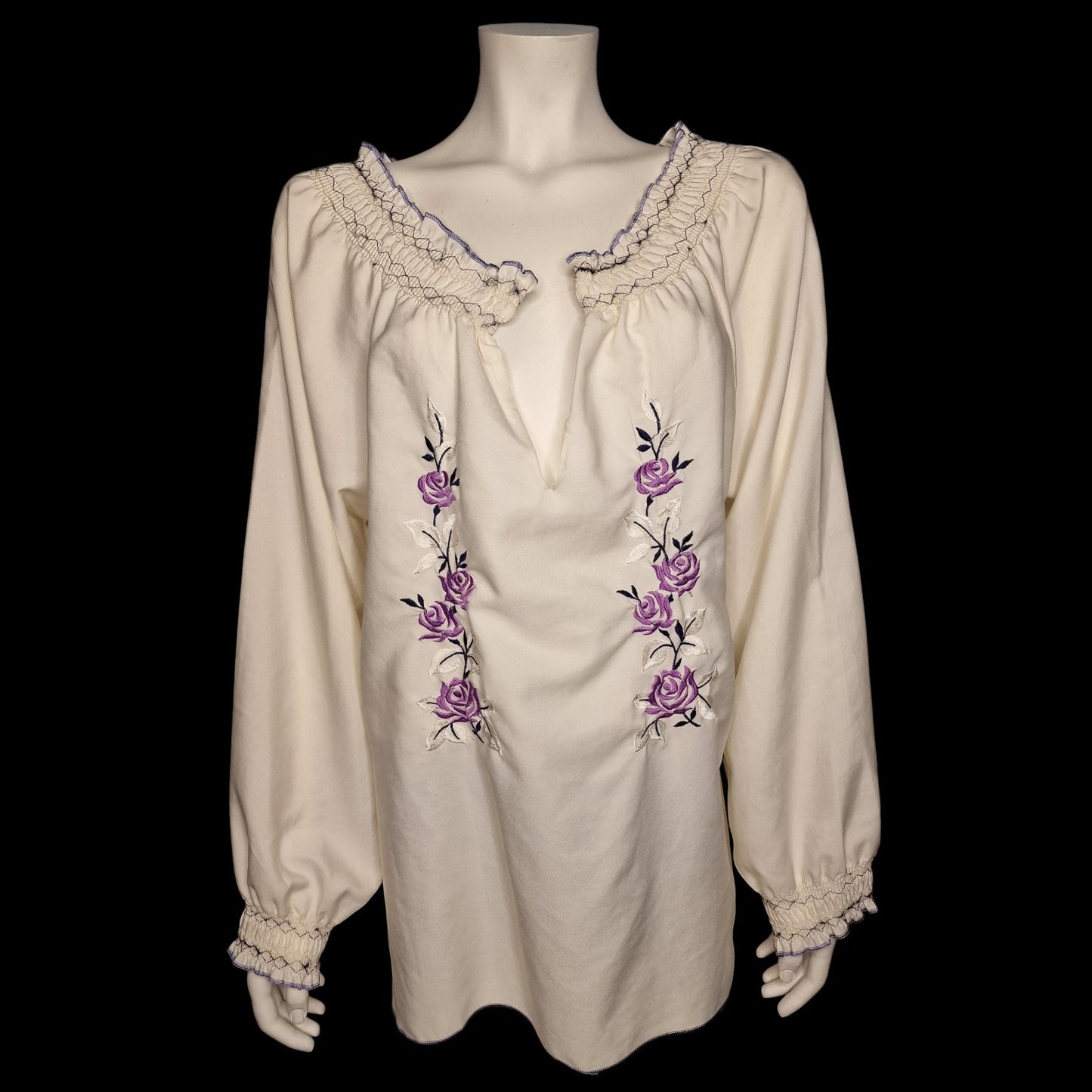 🌿 Vintage Folklore-Bluse mit violetter Rosen-Stickerei Gr. XL Cremeweiß🌿