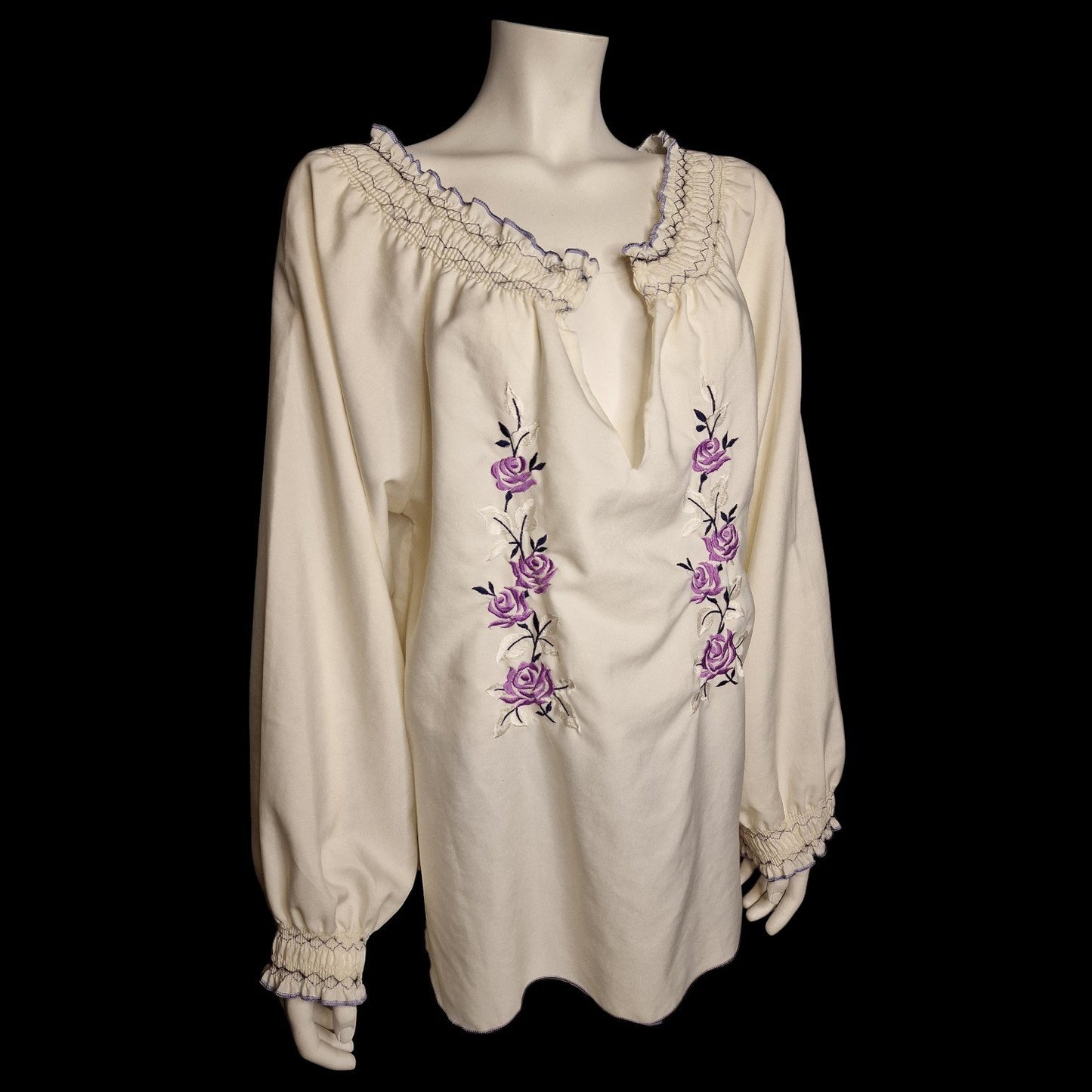 🌿 Vintage Folklore-Bluse mit violetter Rosen-Stickerei Gr. XL Cremeweiß🌿