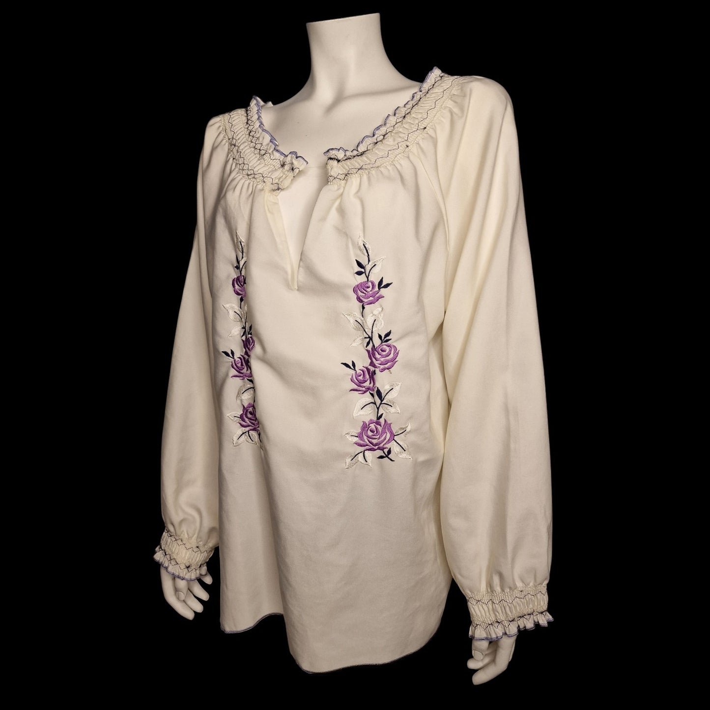 🌿 Vintage Folklore-Bluse mit violetter Rosen-Stickerei Gr. XL Cremeweiß🌿