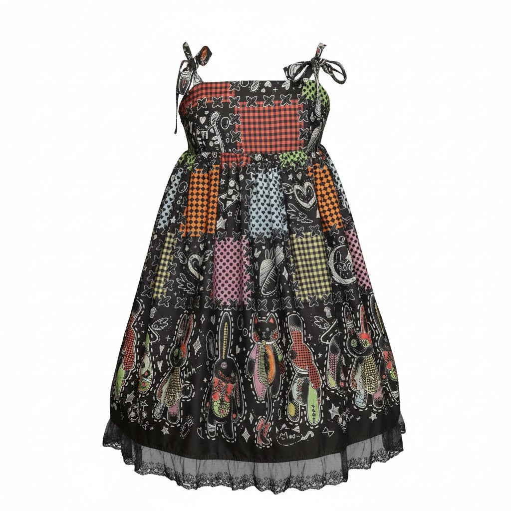 Gothic Lolita Kleid - "Patchwork Bunny Wonderland" schwarz-bunt Gr. M
