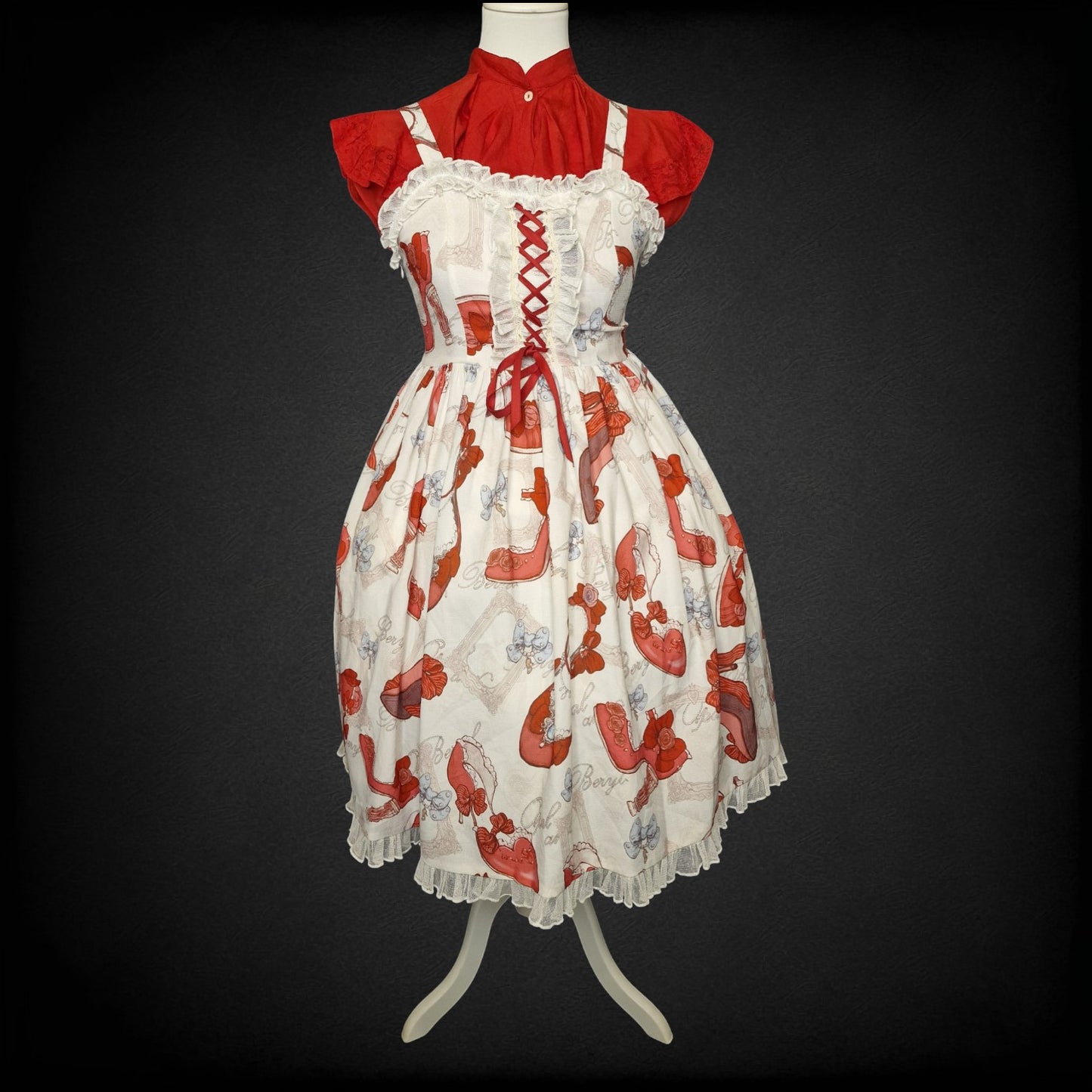 Sweet Lolita Kleid JSK – „Red Slippers & Vintage Frames“ rot-weiß
