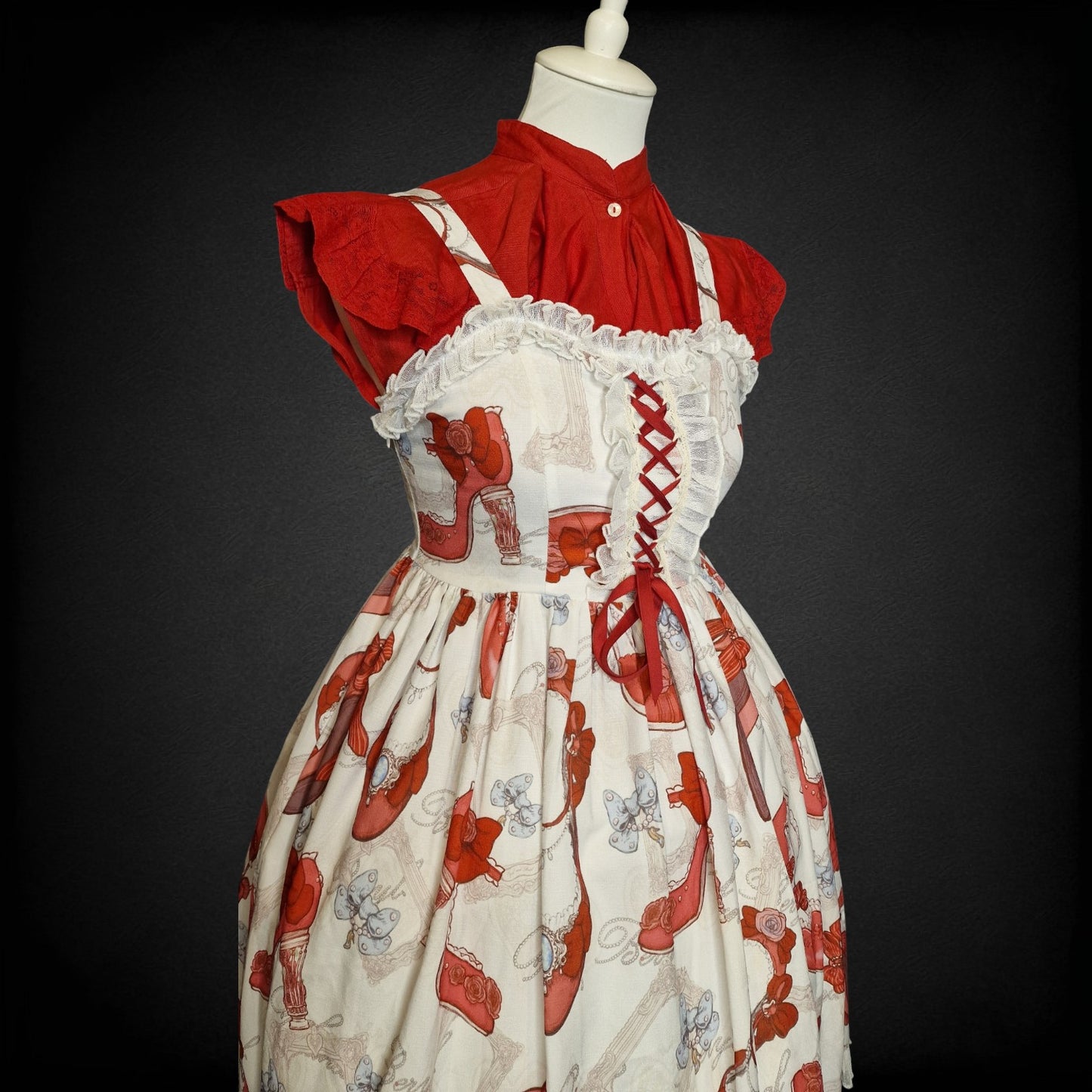 Sweet Lolita Kleid JSK – „Red Slippers & Vintage Frames“ rot-weiß