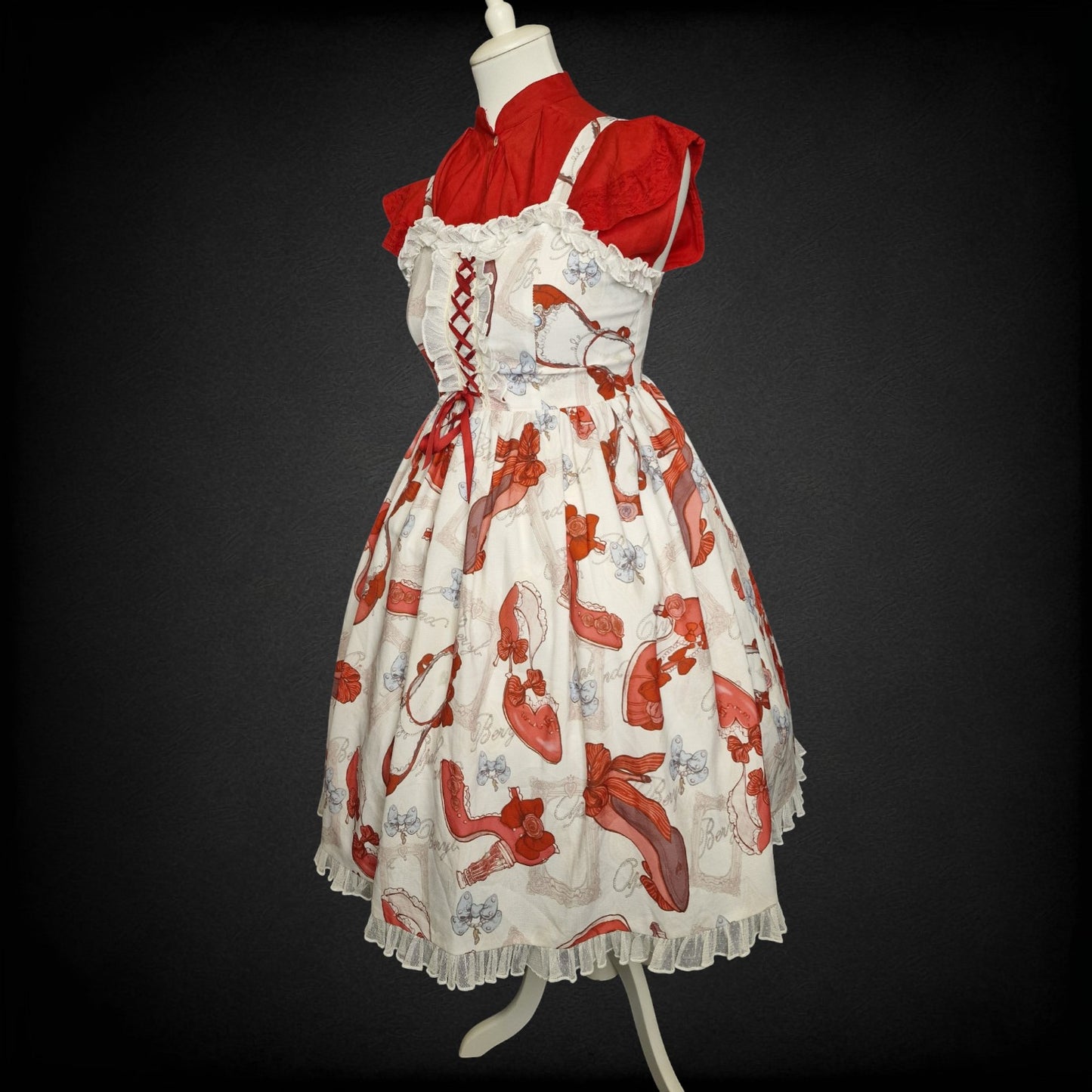 Sweet Lolita Kleid JSK – „Red Slippers & Vintage Frames“ rot-weiß