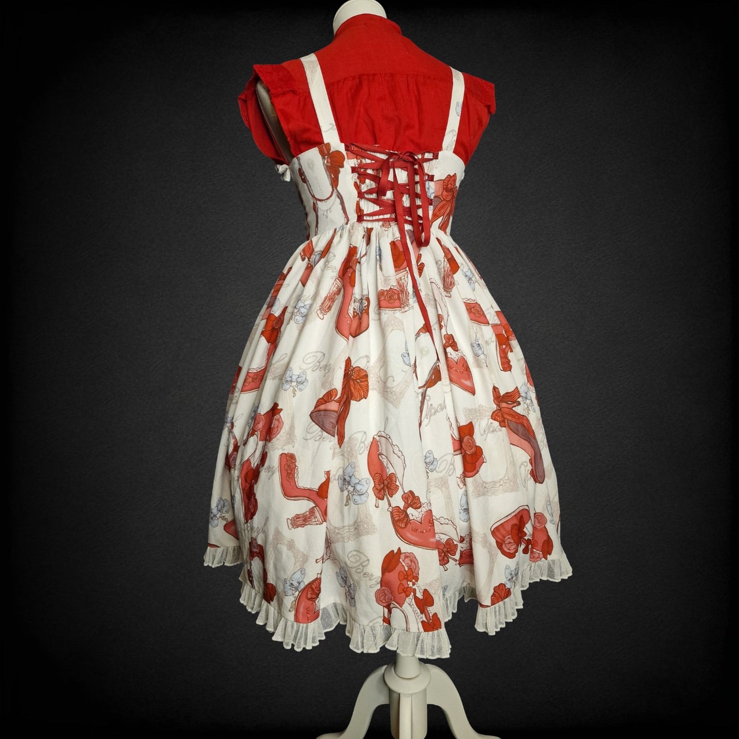 Sweet Lolita Kleid JSK – „Red Slippers & Vintage Frames“ rot-weiß