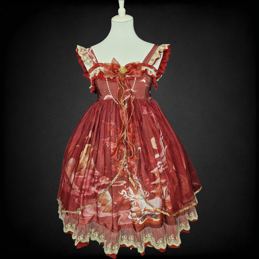 Traumhaftes Sugar Girl Lolita Jumper Skirt (JSK) – Weinrot mit Gold Drachen-Print