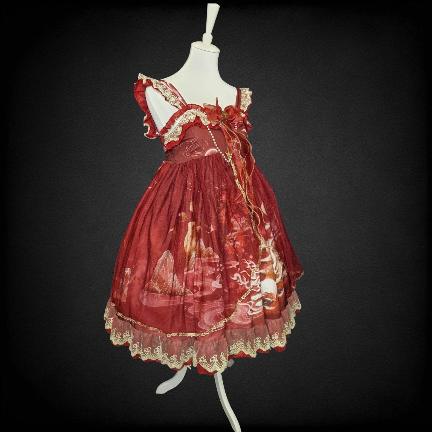 Traumhaftes Sugar Girl Lolita Jumper Skirt (JSK) – Weinrot mit Gold Drachen-Print