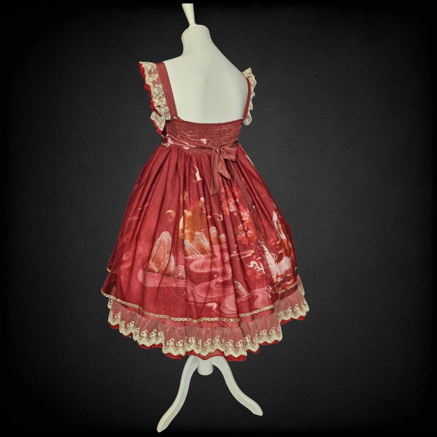 Traumhaftes Sugar Girl Lolita Jumper Skirt (JSK) – Weinrot mit Gold Drachen-Print