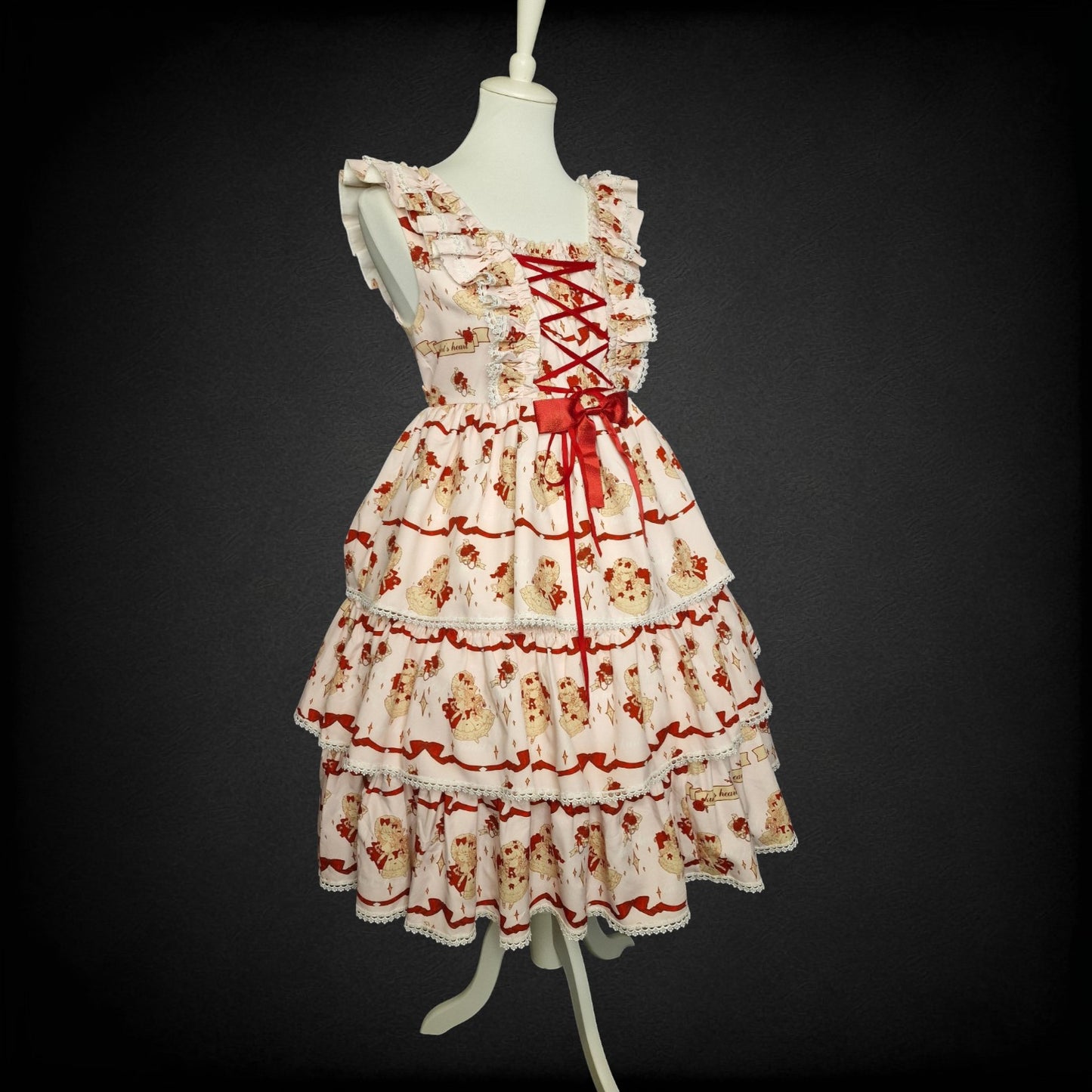 Kawaii Sweet Lolita Stufen-JSK – „Bärchen & Schleifen“-Print Gr. L