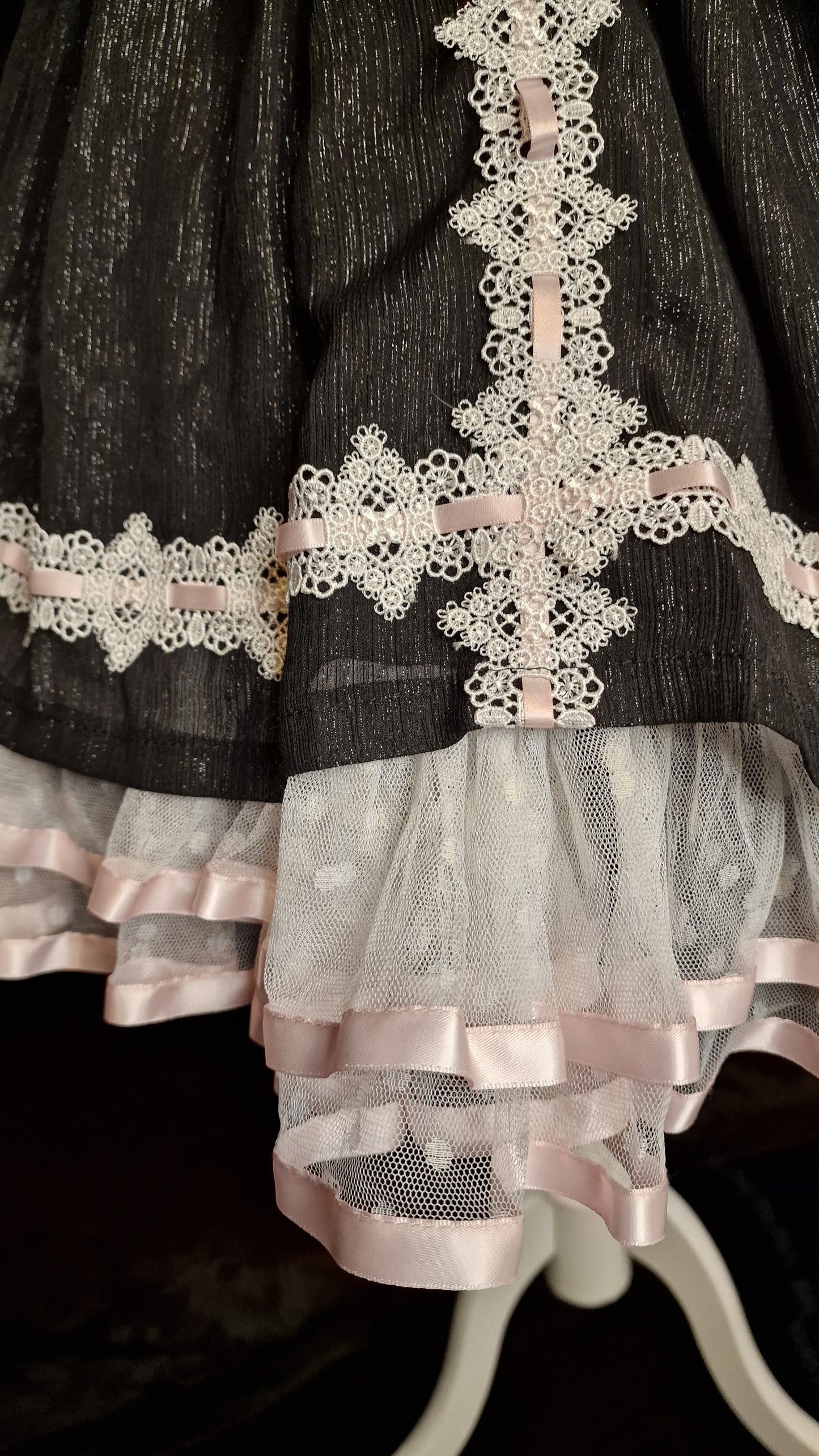 Gothic Lolita Kleid Schwarz Silber mit Spitze – Vintage "Old School" Gr. L
