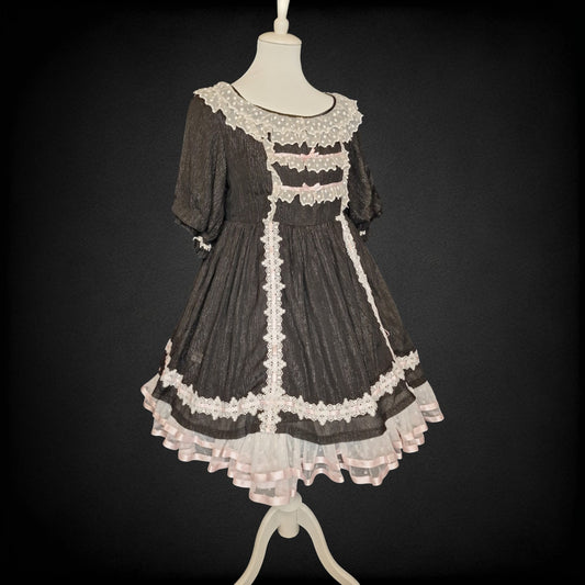 Gothic Lolita Kleid Schwarz Silber mit Spitze – Vintage "Old School" Gr. L