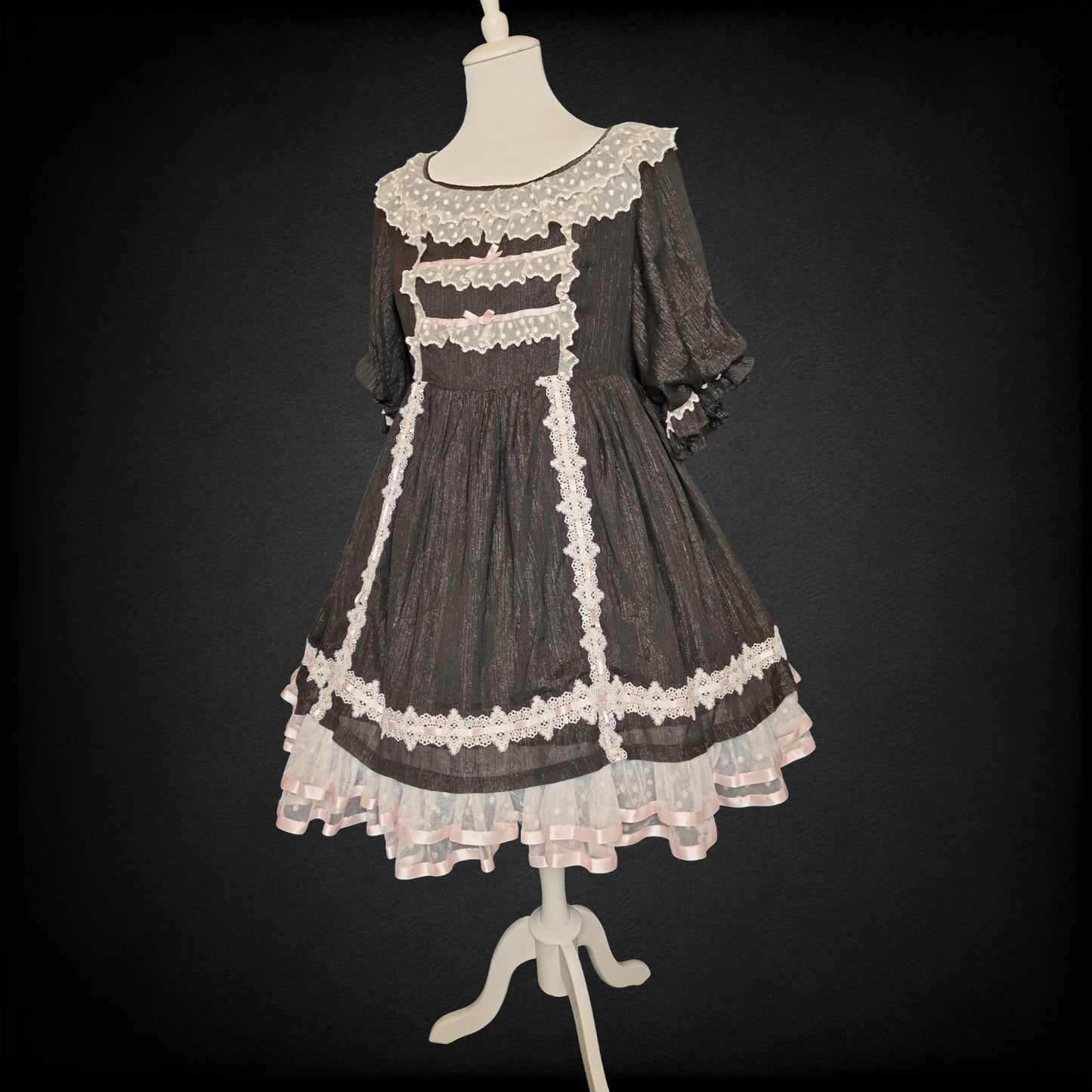 Gothic Lolita Kleid Schwarz Silber mit Spitze – Vintage "Old School" Gr. L