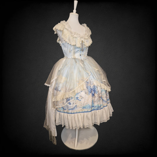 Classic Lolita Kleid JPK mit abnehmbarer Schleppe barock Schwan-Print M