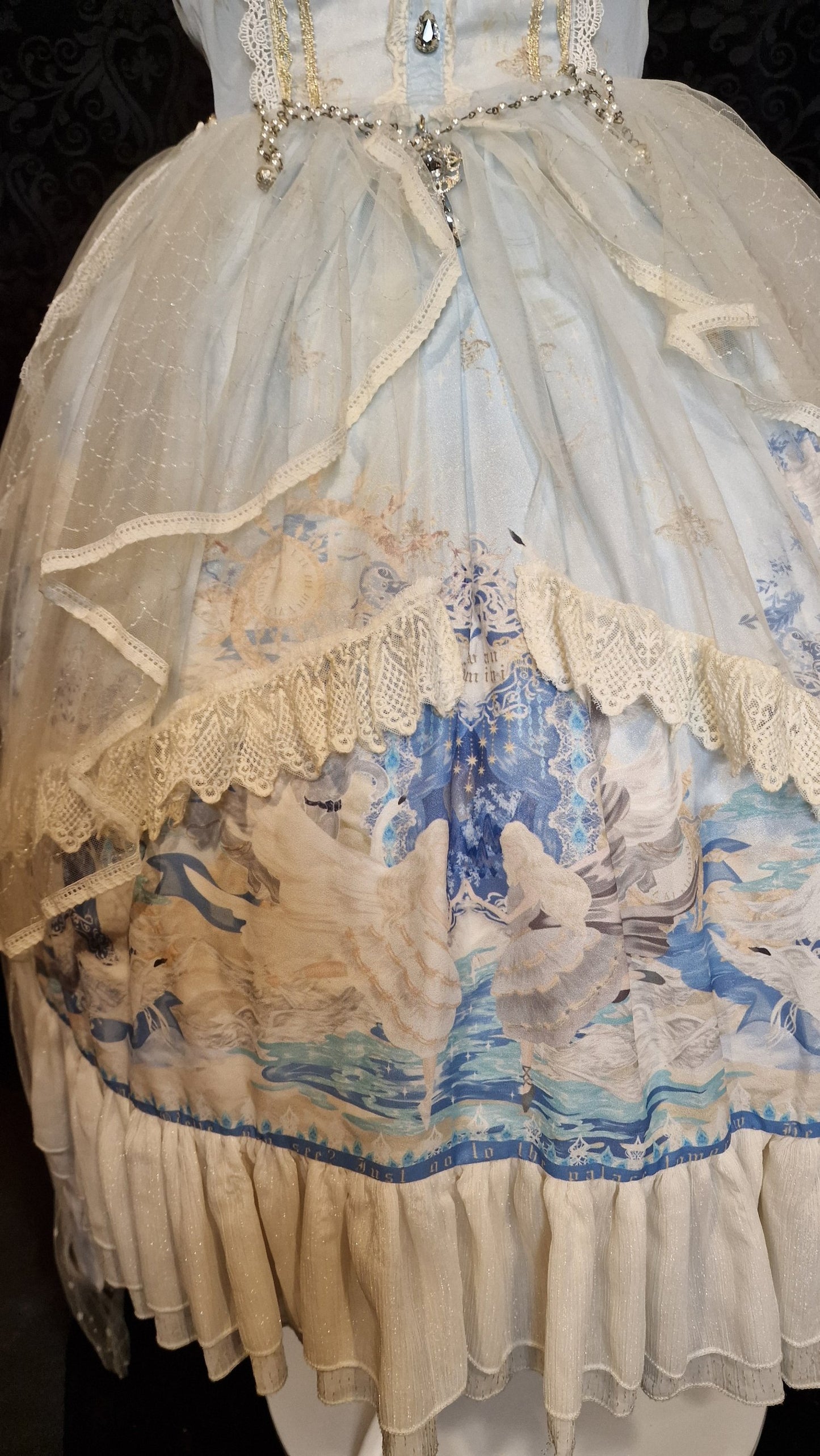 Classic Lolita Kleid JPK mit abnehmbarer Schleppe barock Schwan-Print M