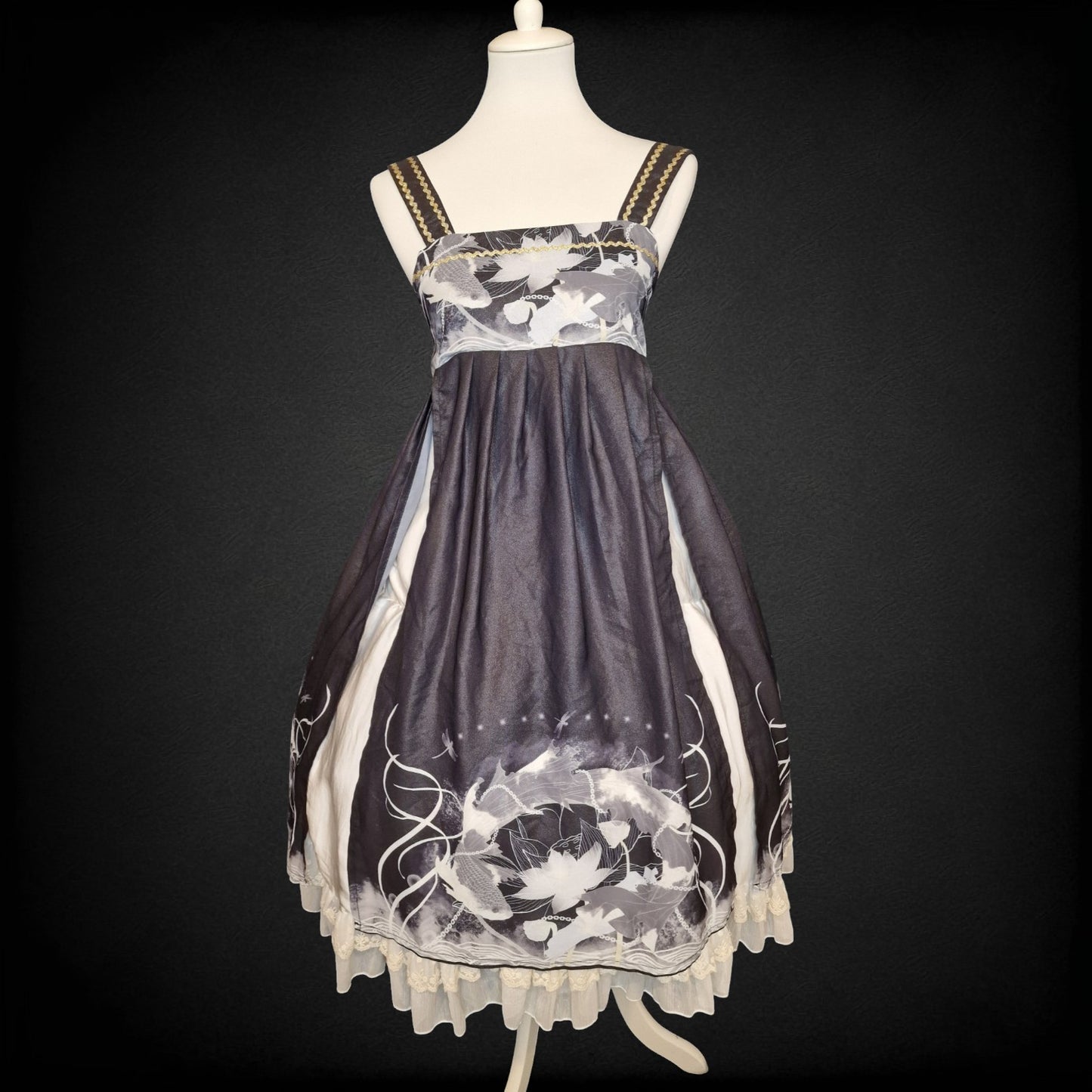 Gothic Lolita JSK Koi-Karpfen Lotus Print mit Glitzerstoff und Chiffon-Overlay