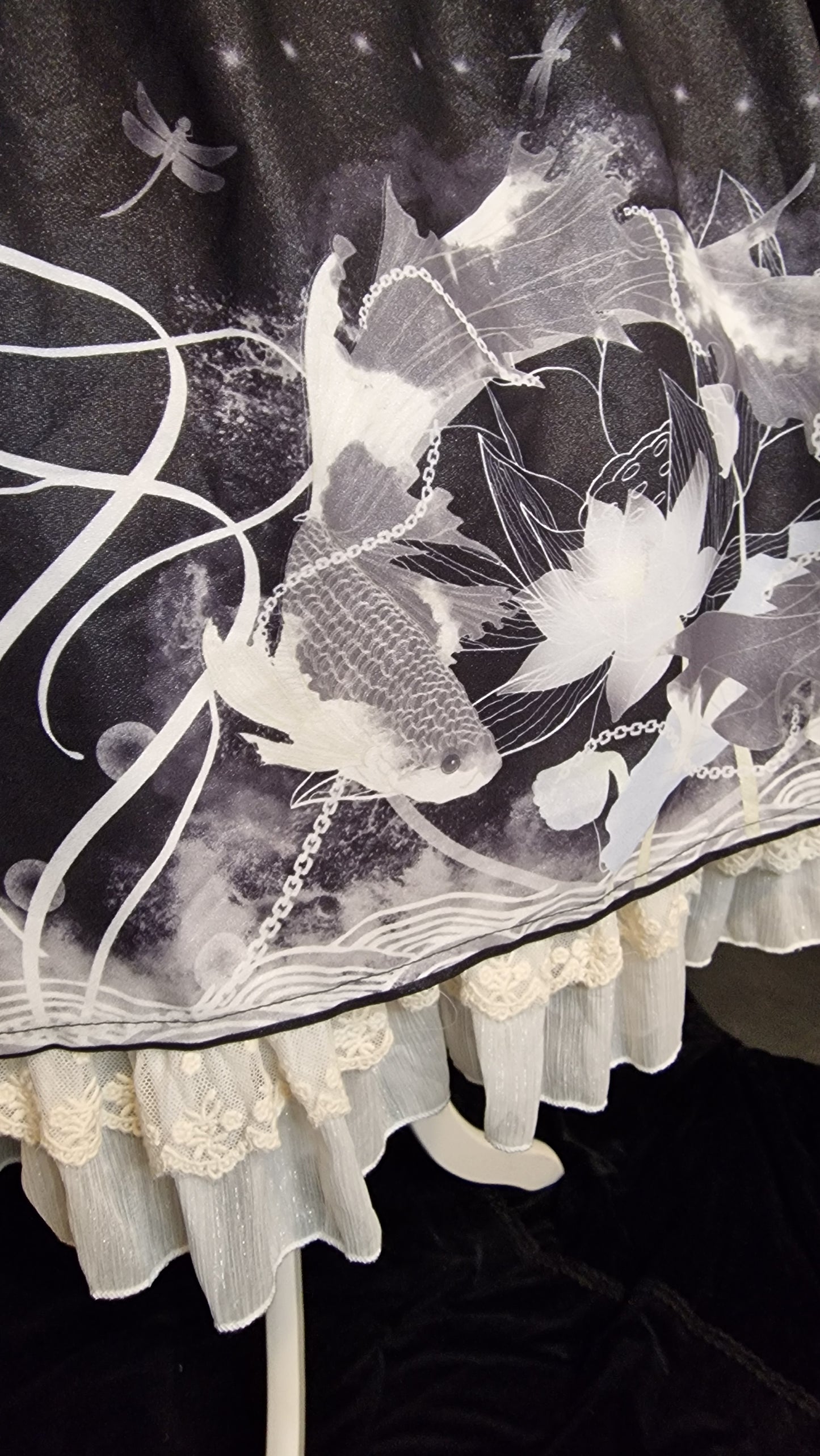 Gothic Lolita JSK Koi-Karpfen Lotus Print mit Glitzerstoff und Chiffon-Overlay