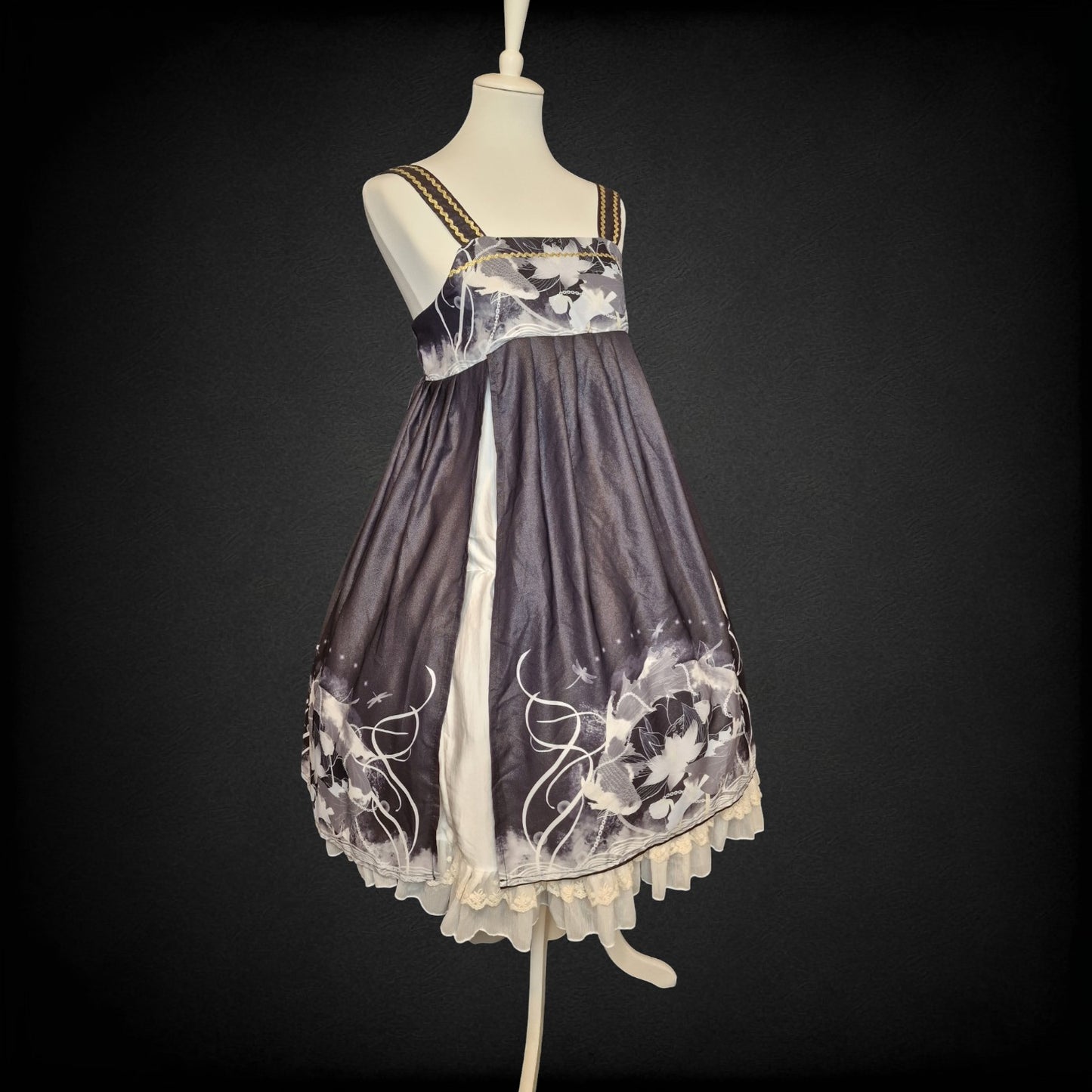 Gothic Lolita JSK Koi-Karpfen Lotus Print mit Glitzerstoff und Chiffon-Overlay