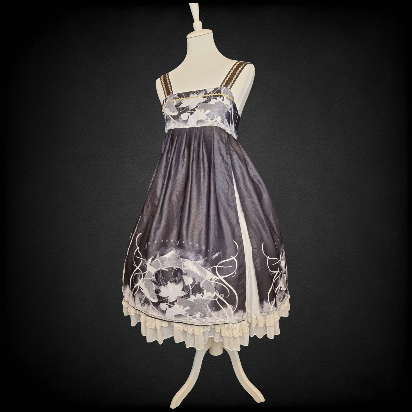 Gothic Lolita JSK Koi-Karpfen Lotus Print mit Glitzerstoff und Chiffon-Overlay